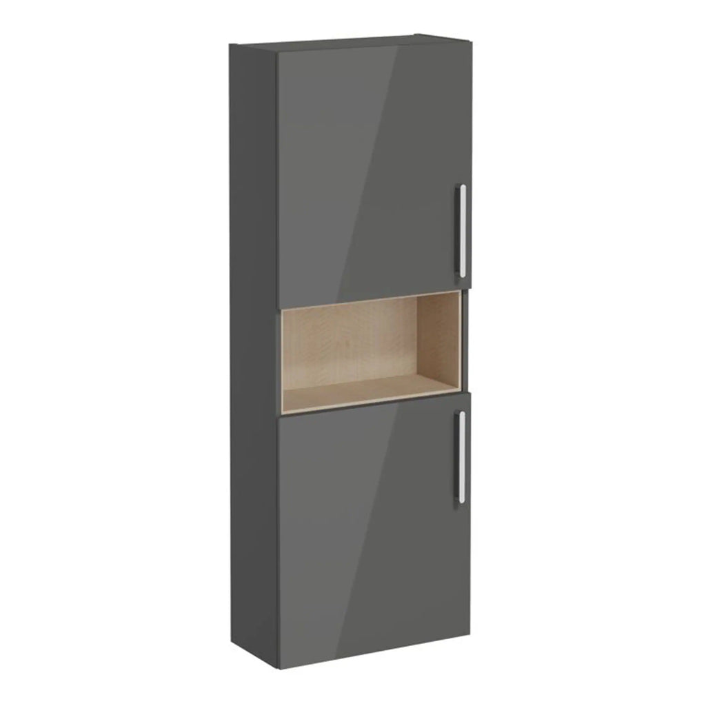 Modern grey bathroom wall cabinet with wood open shelf and sleek handles for stylish bathroom storage solutions.