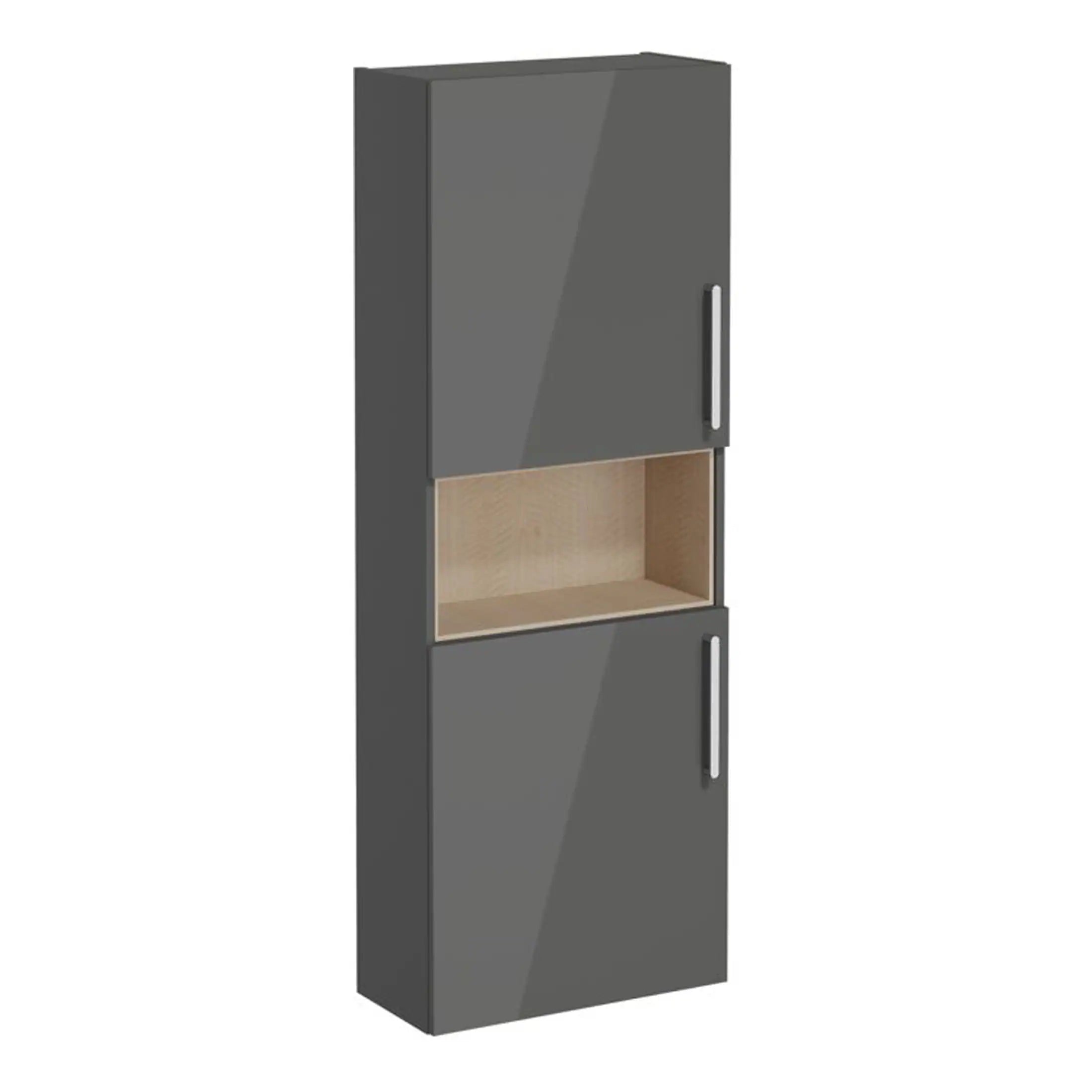 Modern grey bathroom wall cabinet with wood open shelf and sleek handles for stylish bathroom storage solutions.