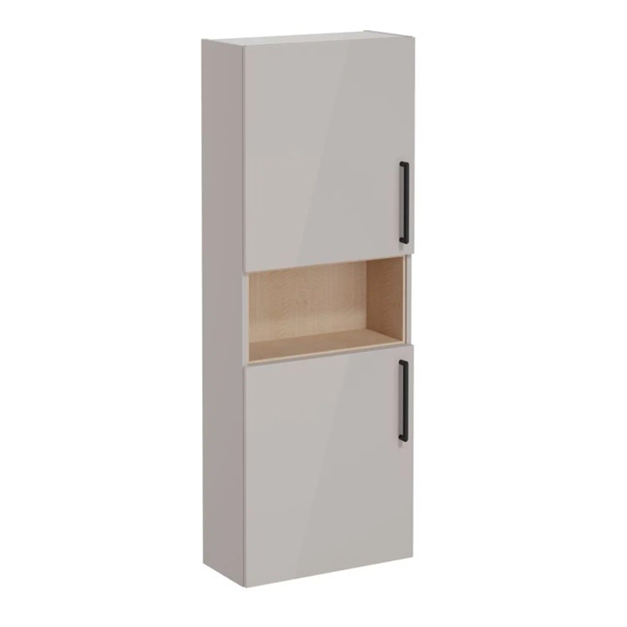 Sleek modern bathroom storage cabinet with grey and wood finishes, ideal for organisation and aesthetics in contemporary bathrooms.