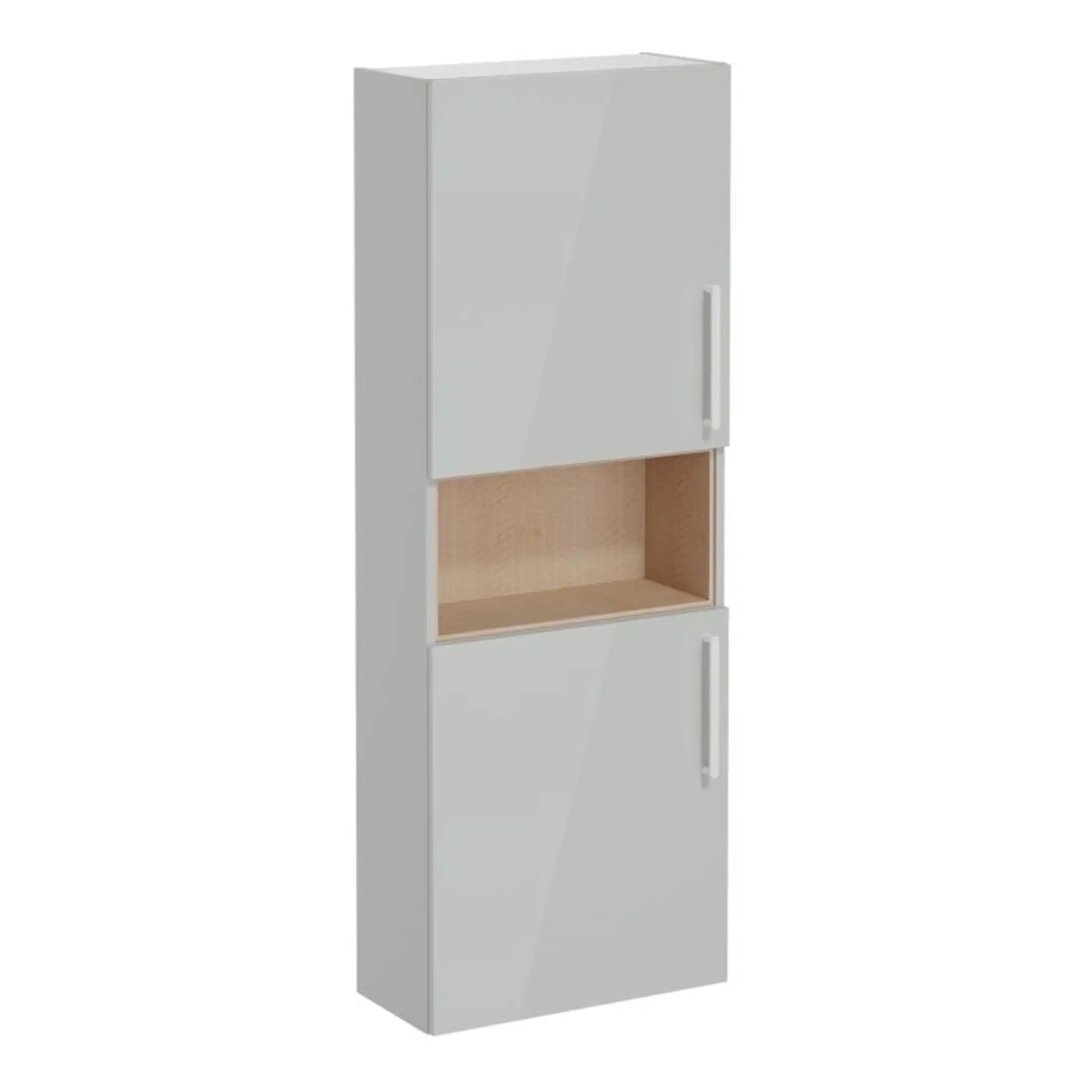 Storage bathroom cabinet with mirrored door and open shelf, modern white and wood finish, ideal for bathroom organisation, available at Bubly Bathrooms.