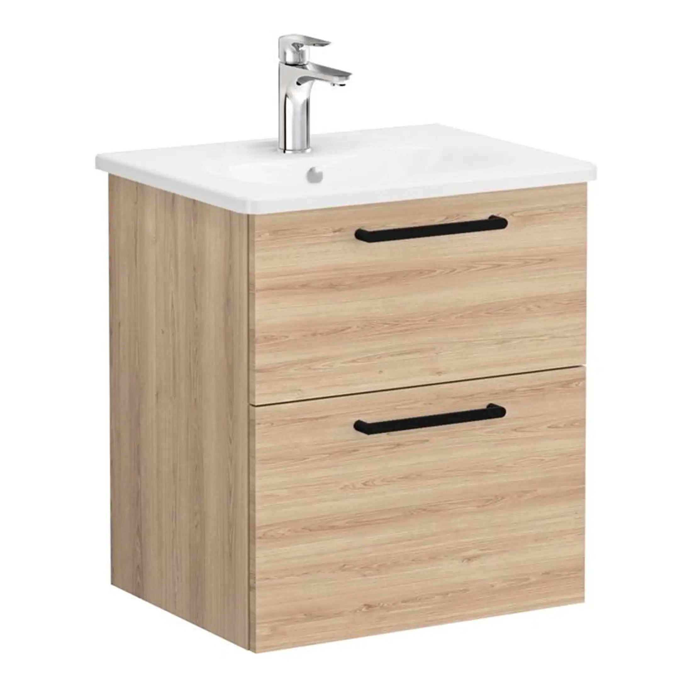 Modern wooden bathroom vanity unit with built-in white ceramic sink and chrome tap, ideal for contemporary bathroom renovations and stylish storage solutions.