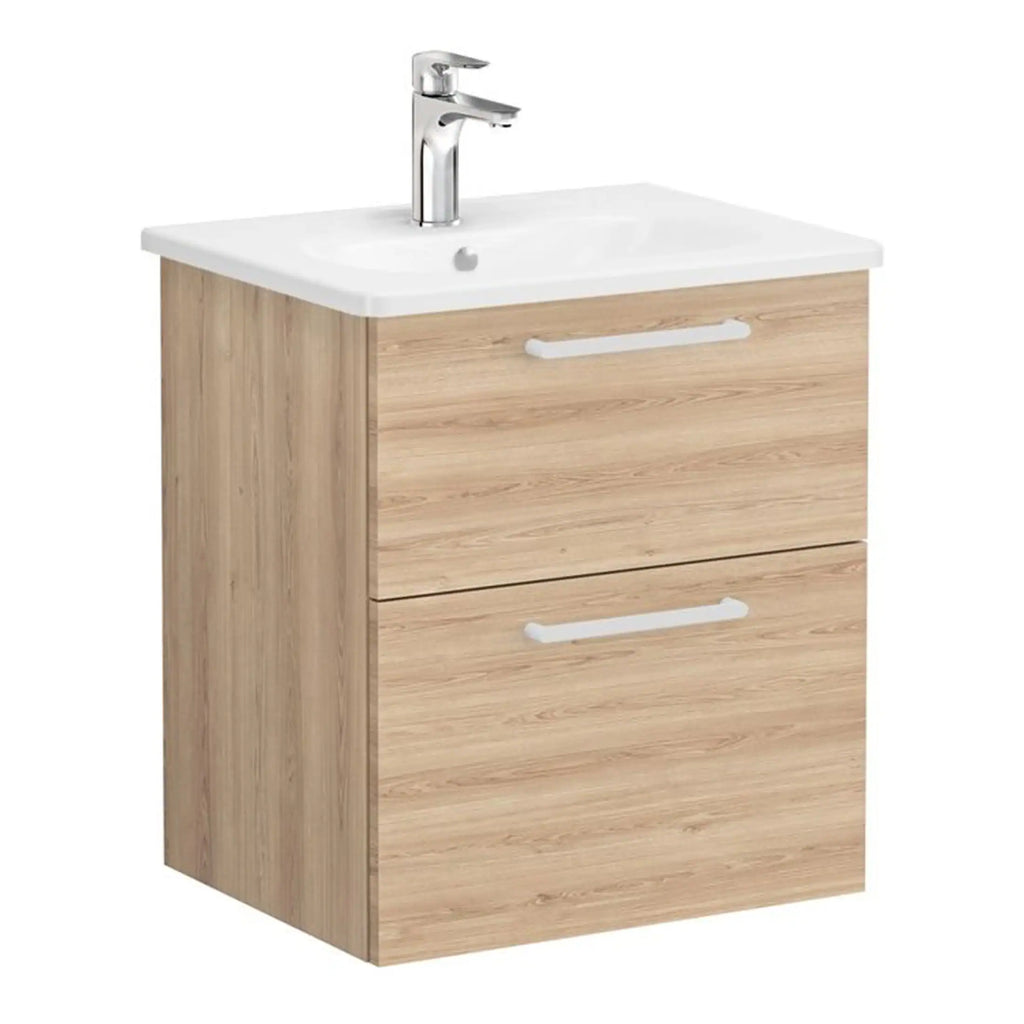 Contemporary wooden bathroom vanity unit with ceramic sink and chrome tap, ideal for modern bathroom interiors, providing stylish storage and functional design.