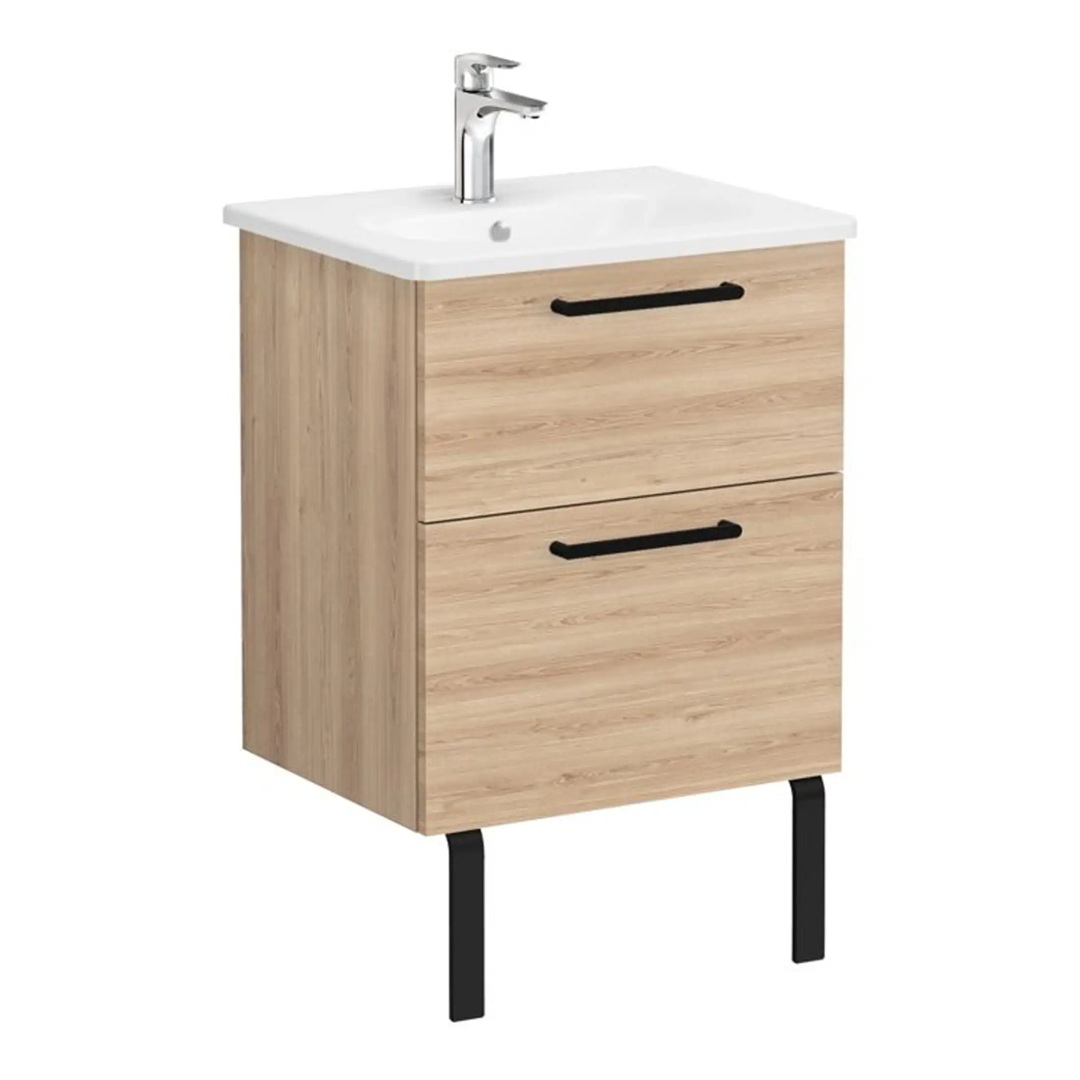 Modern wooden bathroom vanity unit with integrated sink and chrome tap, featuring sleek black handles and sturdy black legs for contemporary bathroom storage and design.