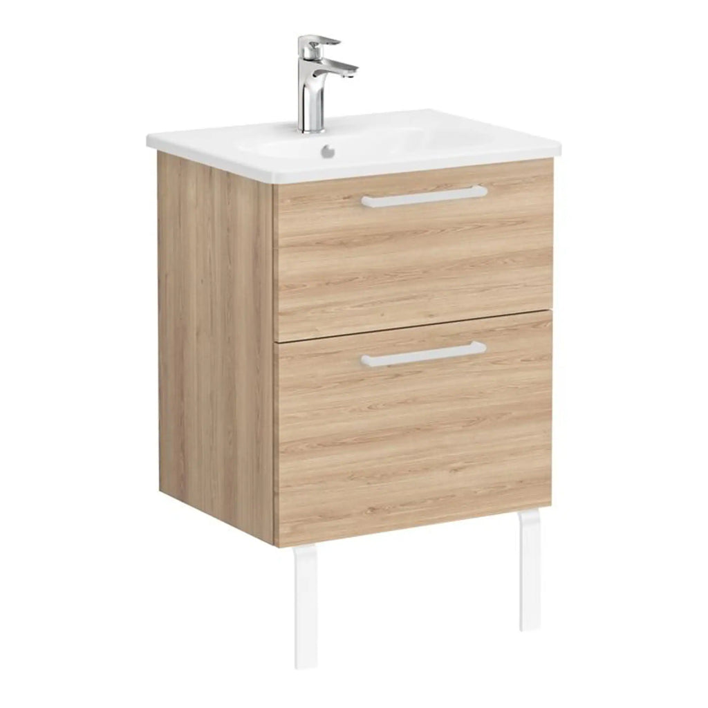 Natural oak bathroom vanity unit with integrated sink and chrome tap, ideal for modern bathroom storage solutions. Durable and stylish furniture for contemporary bathroom design.