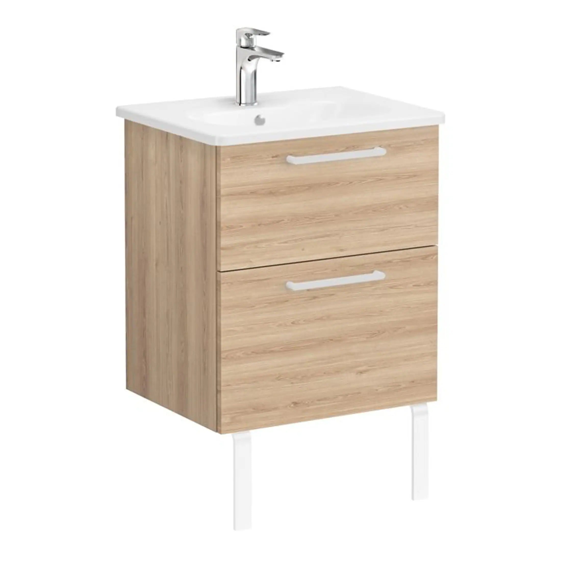 Natural oak bathroom vanity unit with integrated sink and chrome tap, ideal for modern bathroom storage solutions. Durable and stylish furniture for contemporary bathroom design.