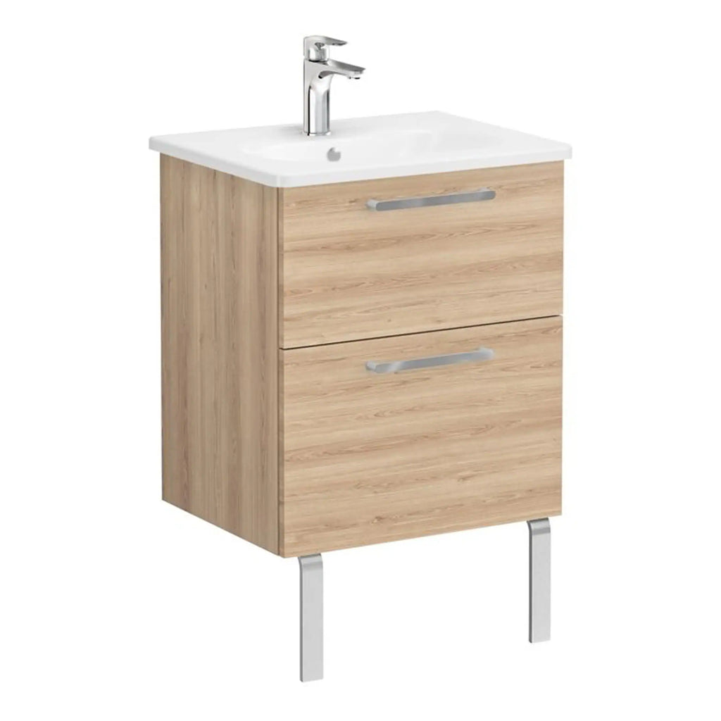Wooden bathroom vanity unit with white ceramic sink and chrome faucet for modern bubly bathrooms.
