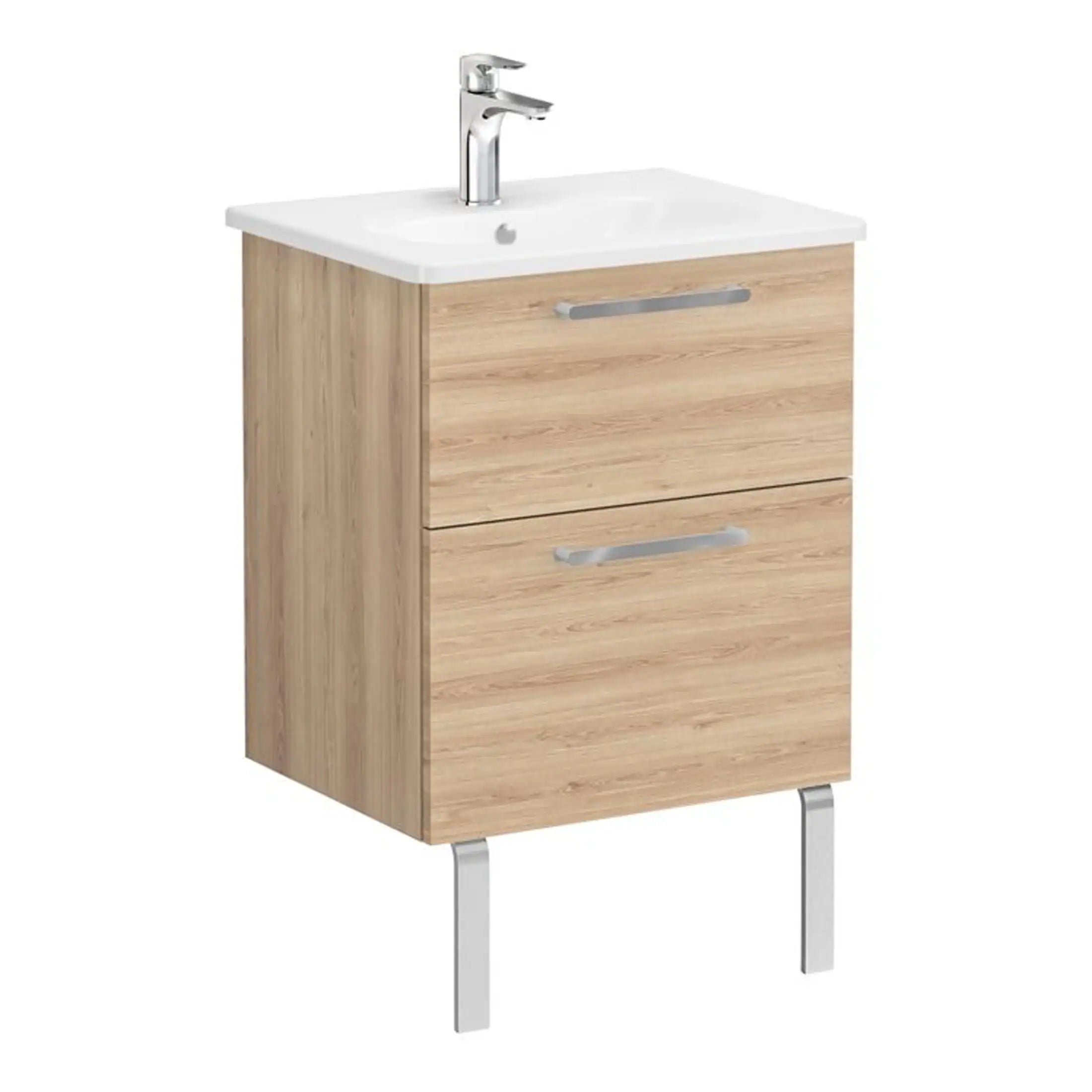 Wooden bathroom vanity unit with white ceramic sink and chrome faucet for modern bubly bathrooms.