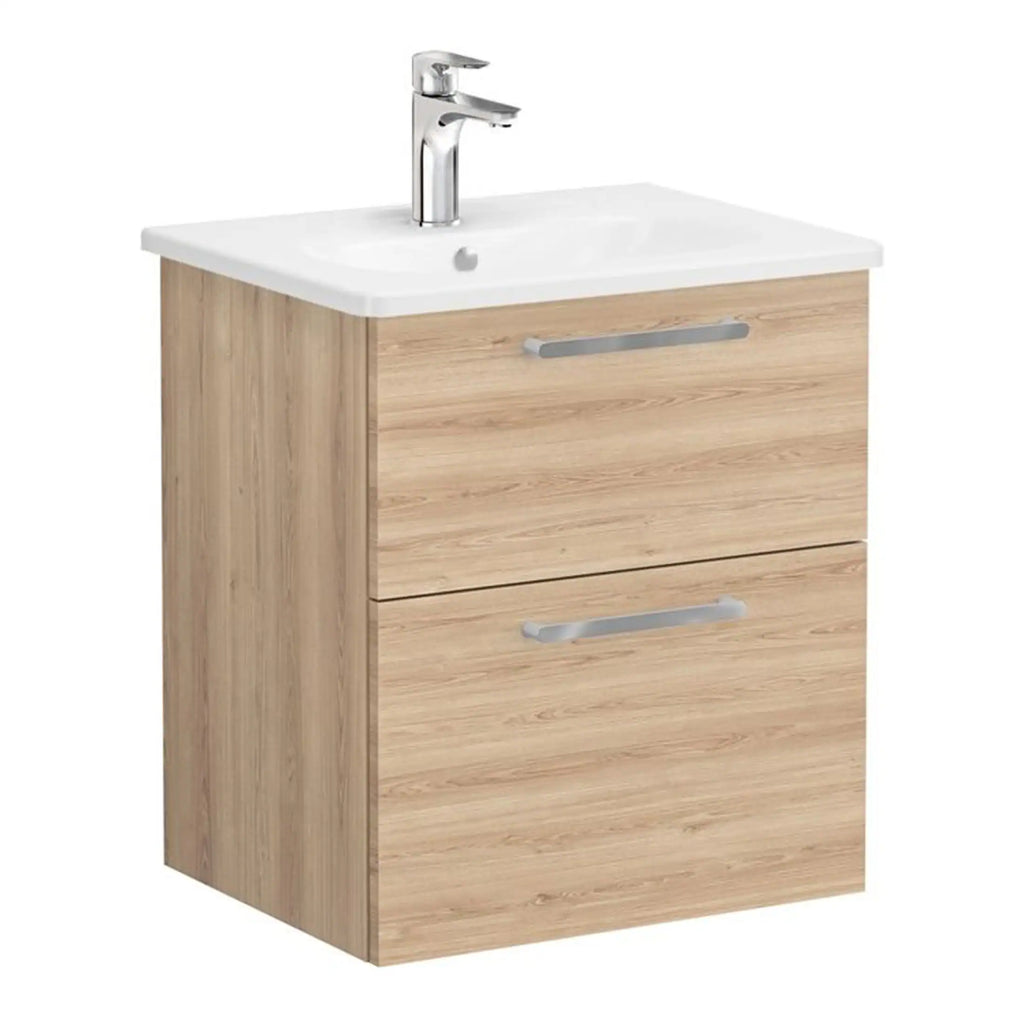 Modern wooden bathroom vanity unit with integrated sink and chrome handles, ideal for contemporary bathroom decor.