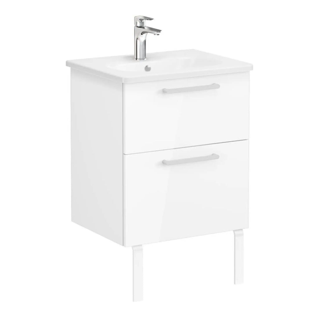 White bathroom Vanity unit with sink and chrome tap, ideal for modern bathrooms and en-suites, storage drawers for toiletries and accessories.