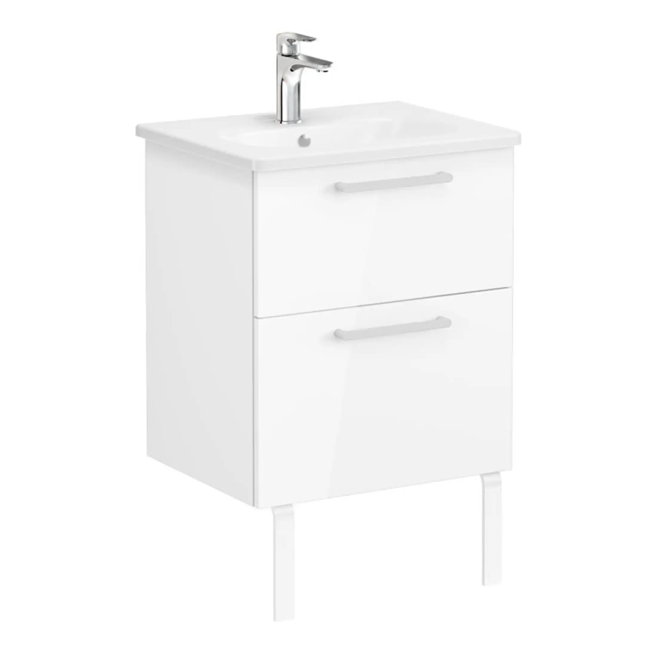 White bathroom Vanity unit with sink and chrome tap, ideal for modern bathrooms and en-suites, storage drawers for toiletries and accessories.