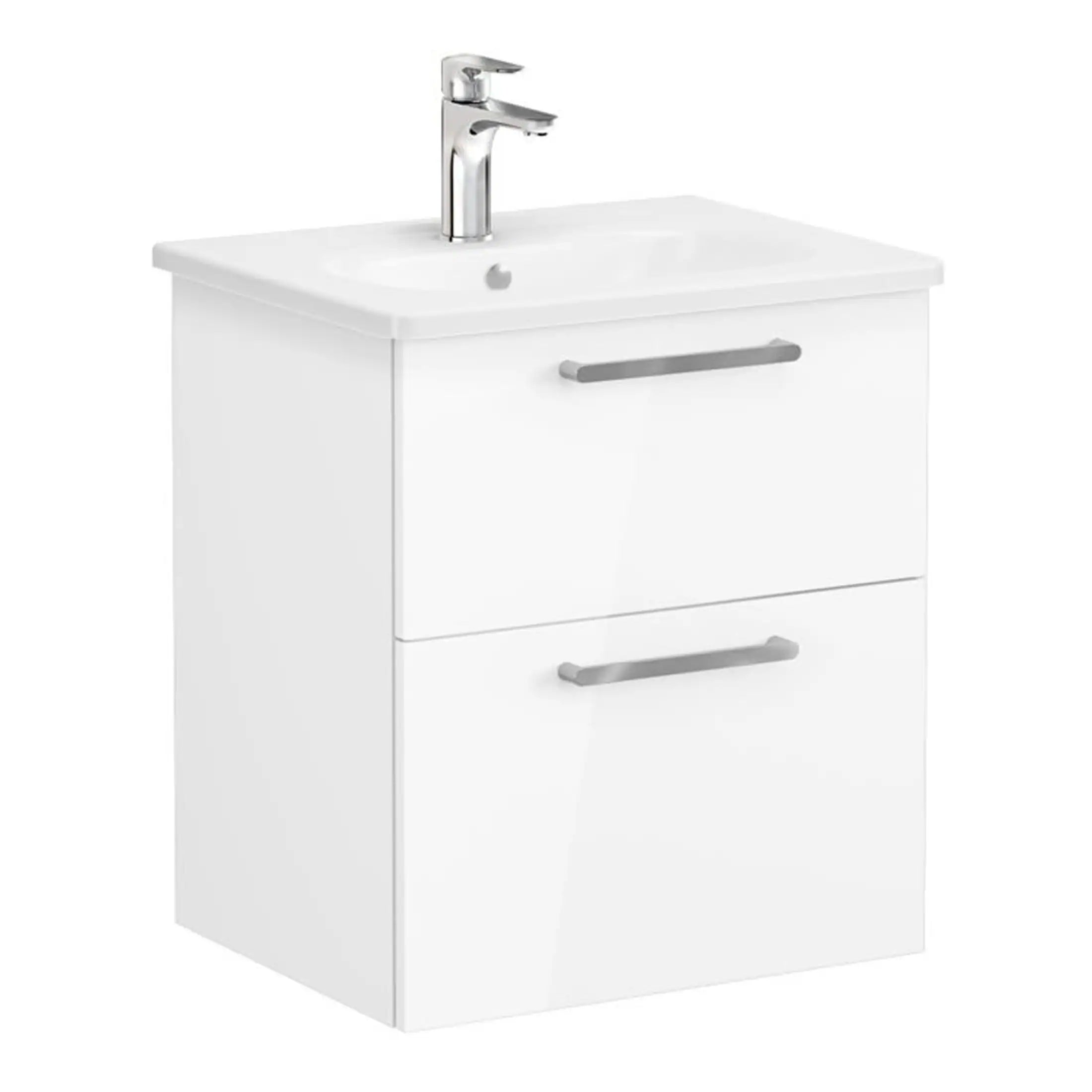 White bathroom vanity unit with integrated sink and chrome tap, ideal for modern bathroom design and storage solutions. Perfect for contemporary bathroom decor.