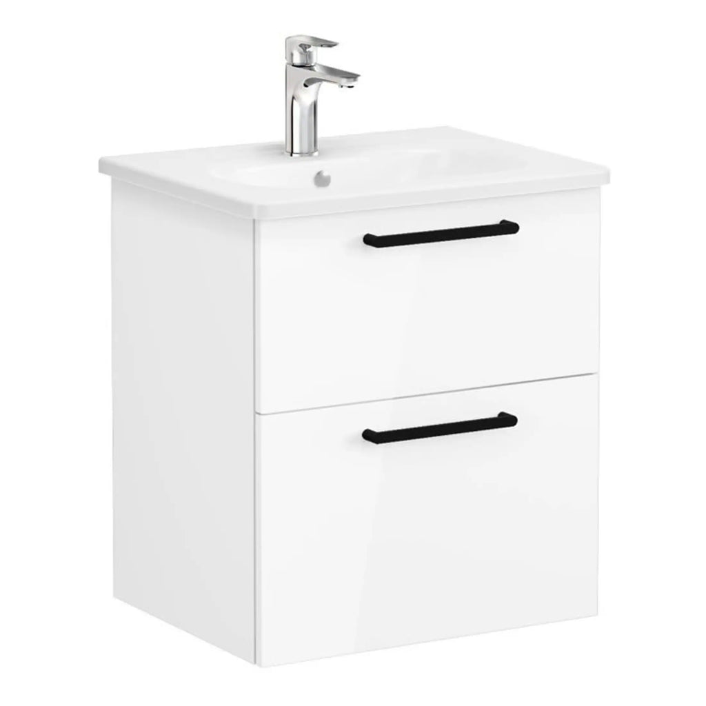 Modern white bathroom vanity unit with integrated sink and black metal handles, perfect for contemporary bathroom decor and optimising space with ample storage.