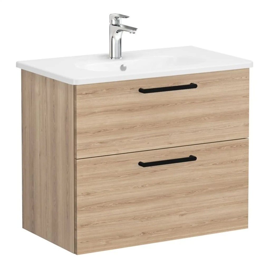Modern bathroom vanity with a white ceramic sink and light oak finish, featuring black handles, ideal for contemporary bathroom decor, enhanced for optimal bathroom storage and style.