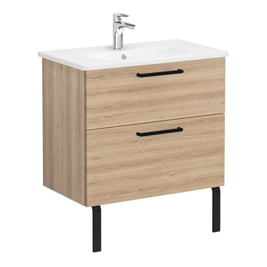 Stylish bathroom vanity unit with white countertop and integrated sink, featuring black handles and modern black legs, ideal for contemporary bathroom decor.
