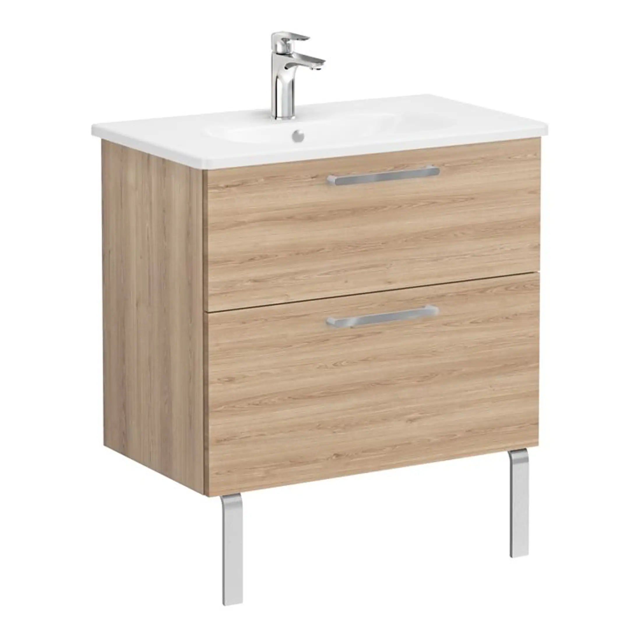 Wood effect bathroom vanity unit with white ceramic sink and chrome tap.