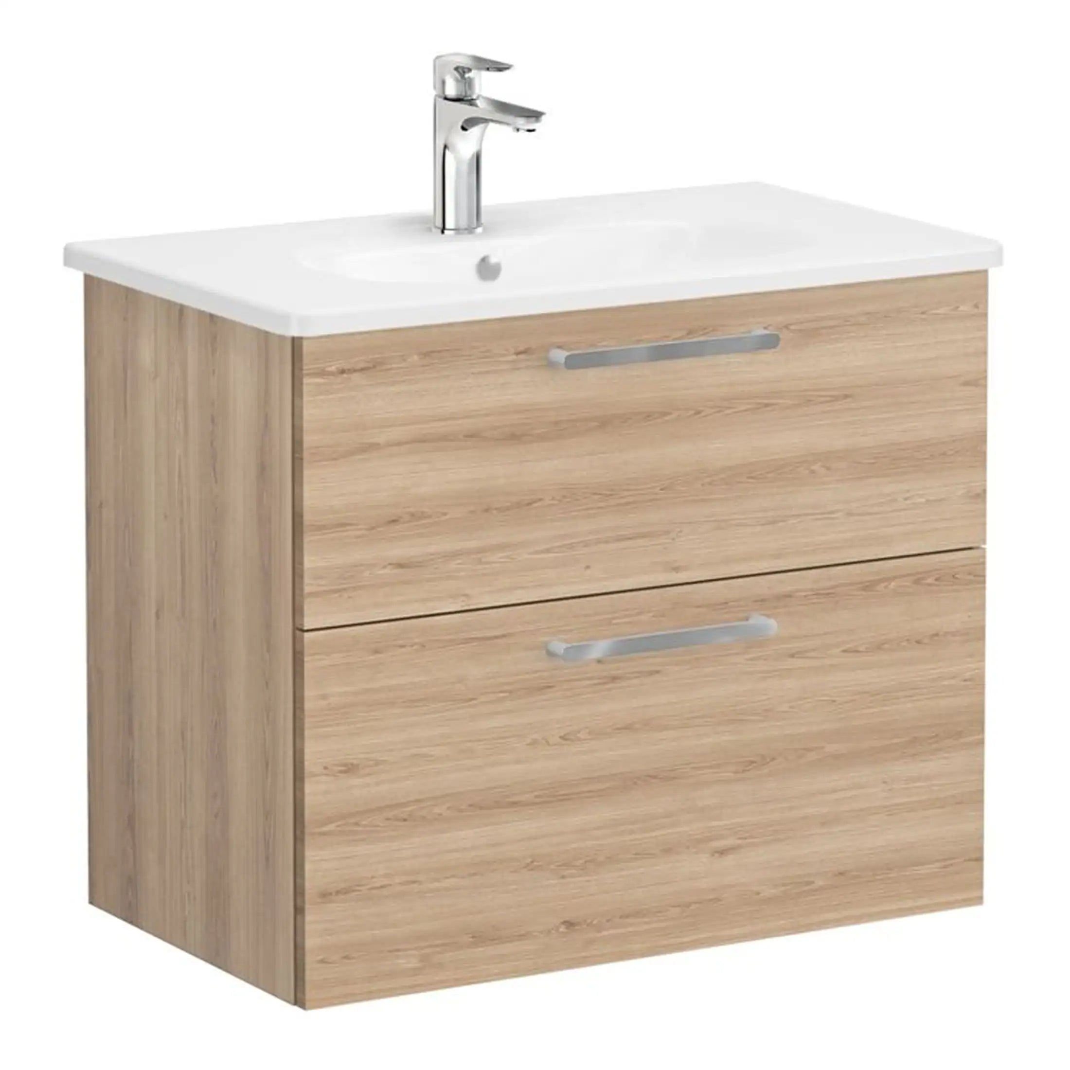 Stylish wooden bathroom vanity unit with integrated ceramic sink and modern chrome faucet, ideal for contemporary bathroom decor.