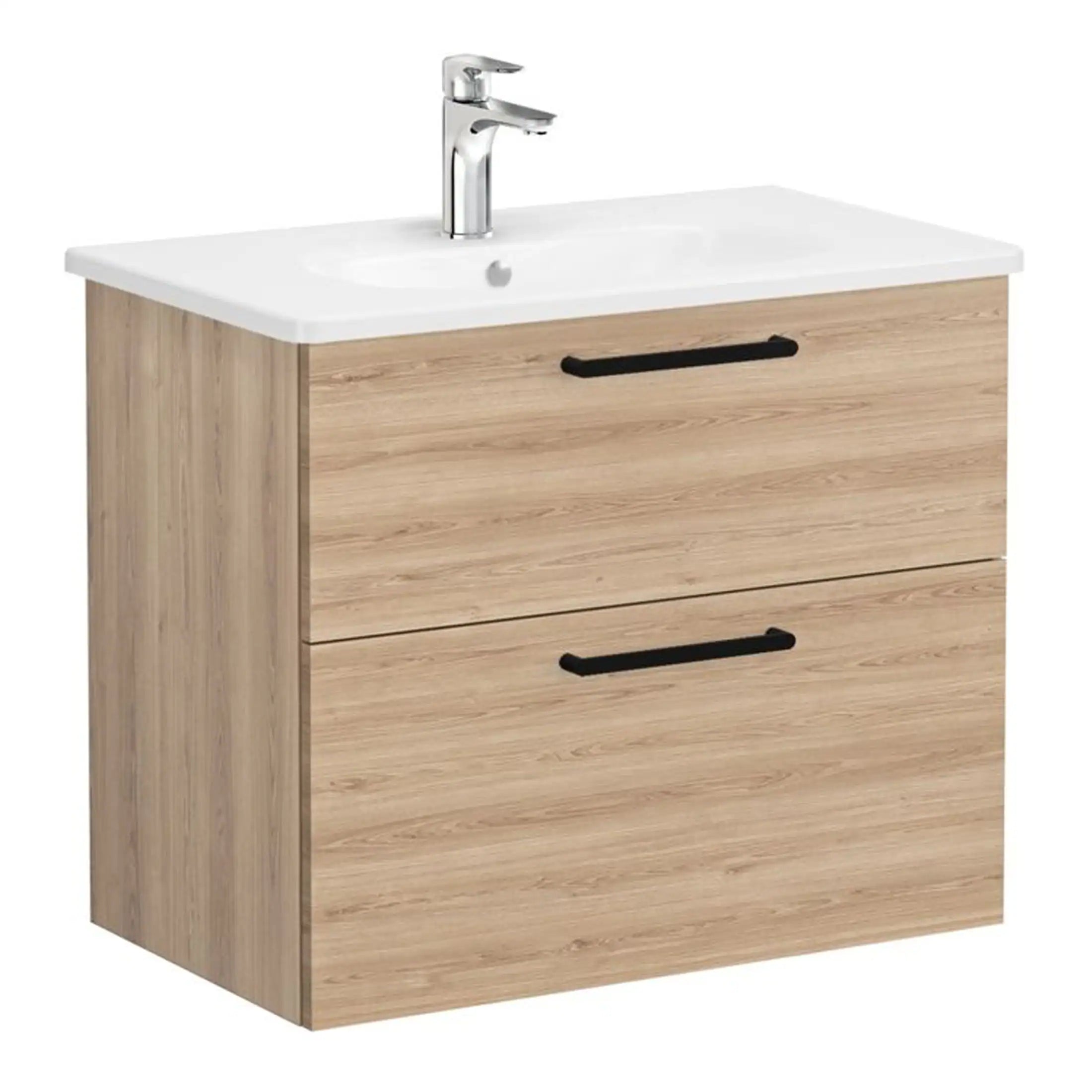 Contemporary bathroom vanity unit with integrated sink, wooden finish, and black handles, ideal for modern bathroom renovation and storage solutions.