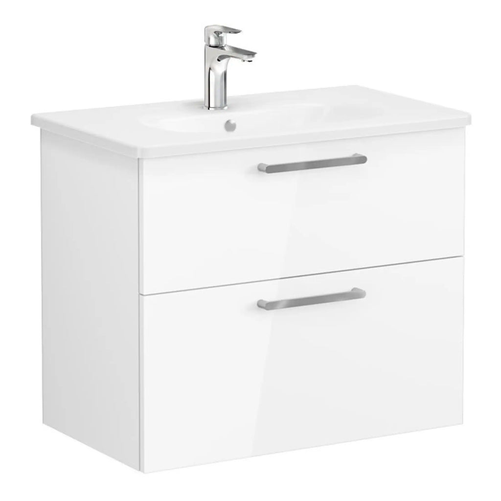 Sleek white bathroom vanity unit with integrated sink and chrome handles, ideal for modern bathrooms, offering both style and practicality for bathroom storage and organisation.