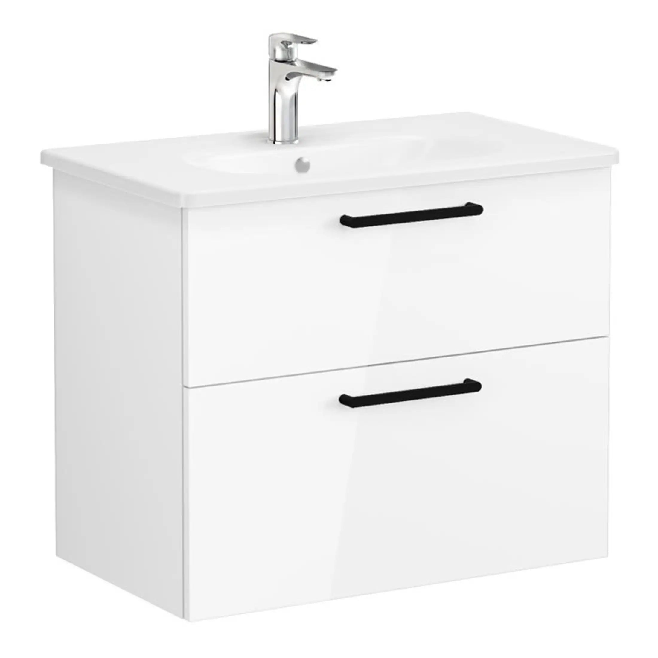 Sleek white bathroom vanity unit with integrated sink and black handles, perfect for modern bathroom decor and efficient storage solutions.