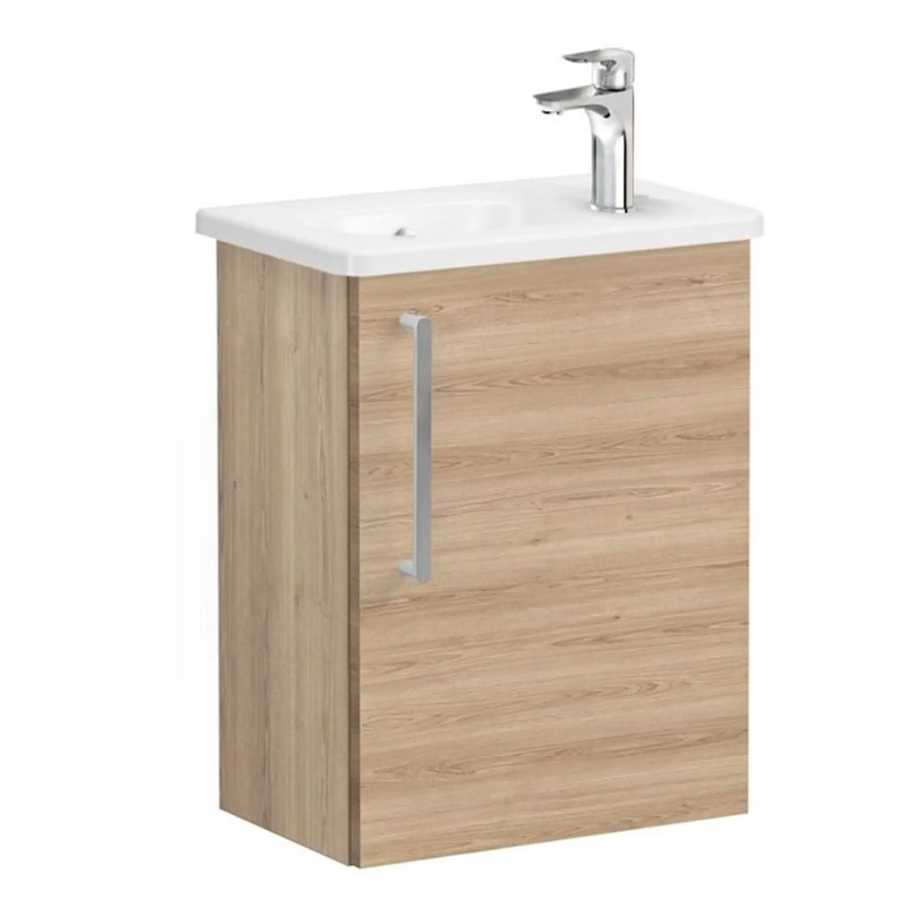 Sleek bathroom vanity unit with integrated sink and modern chrome tap, featuring a natural wood effect finish for stylish bathroom storage.