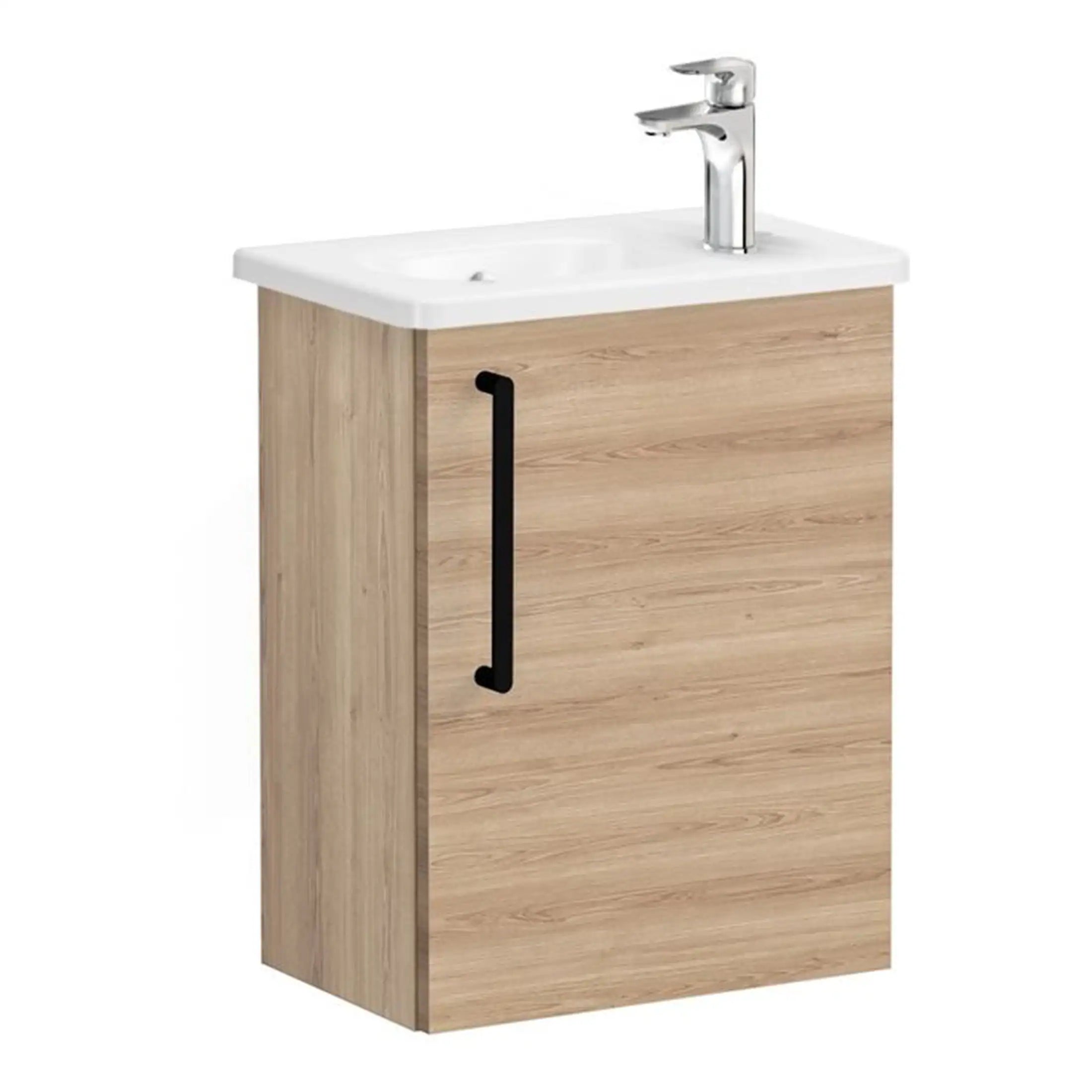 Compact bathroom vanity unit with a white ceramic sink, modern chrome tap, and natural wood finish cabinet, ideal for Spacesaving and stylish bathroom design.