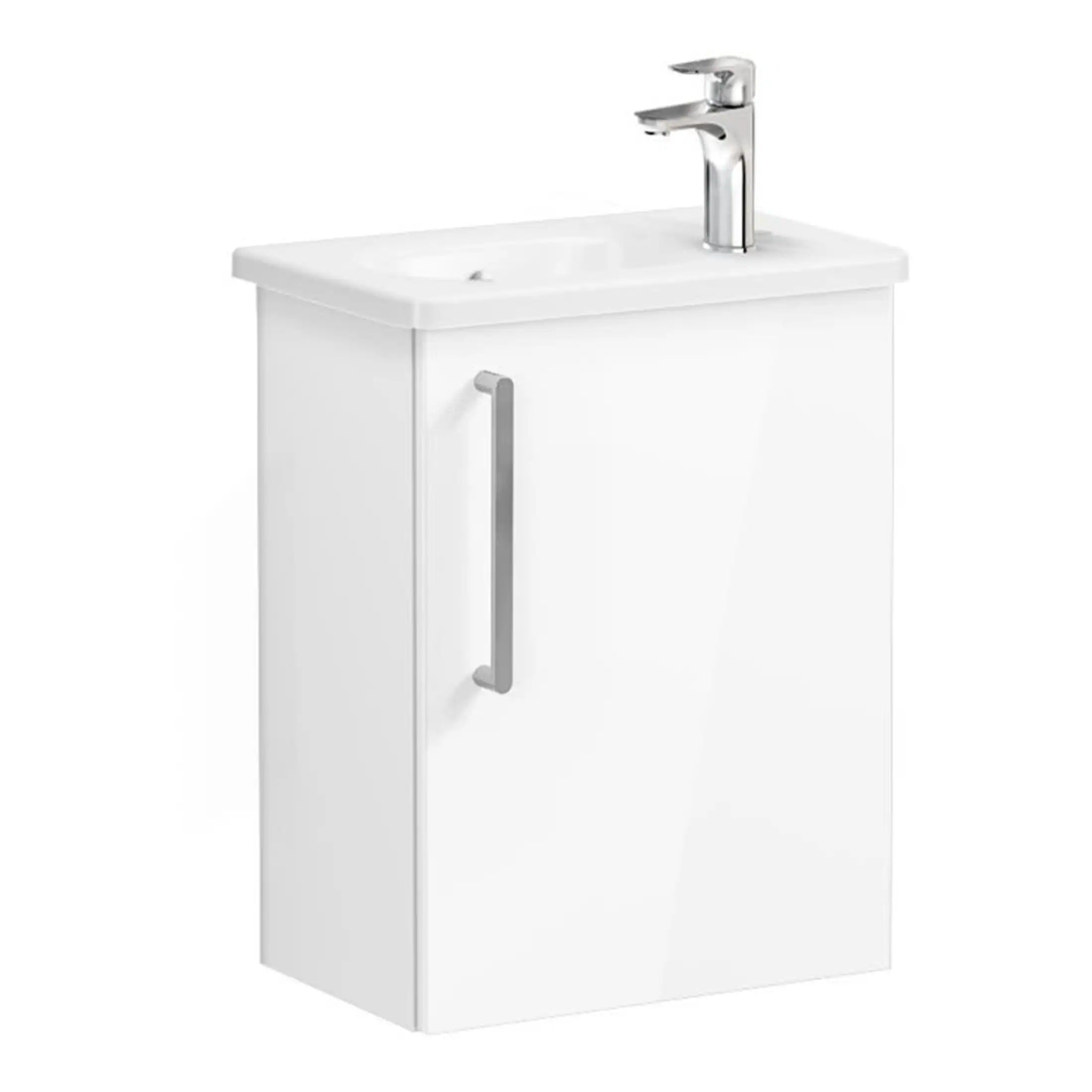 Vanity bathroom unit with sink and chrome tap, modern bathroom furniture, white storage cabinet for bathroom accessories.