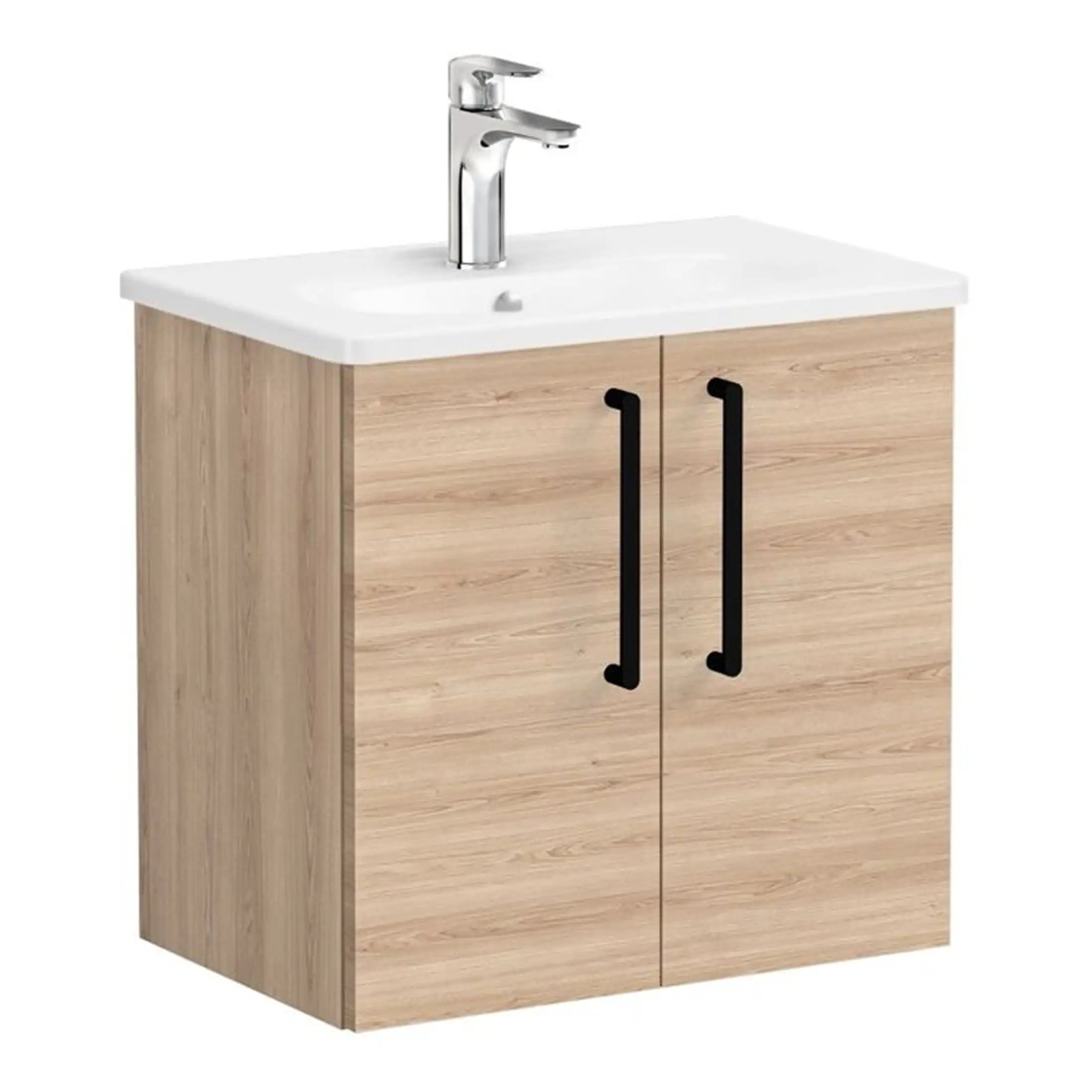Contemporary wooden bathroom vanity unit with white top and chrome faucet, ideal for modern bathroom interiors. Includes storage cabinet with black handles for bathroom essentials.