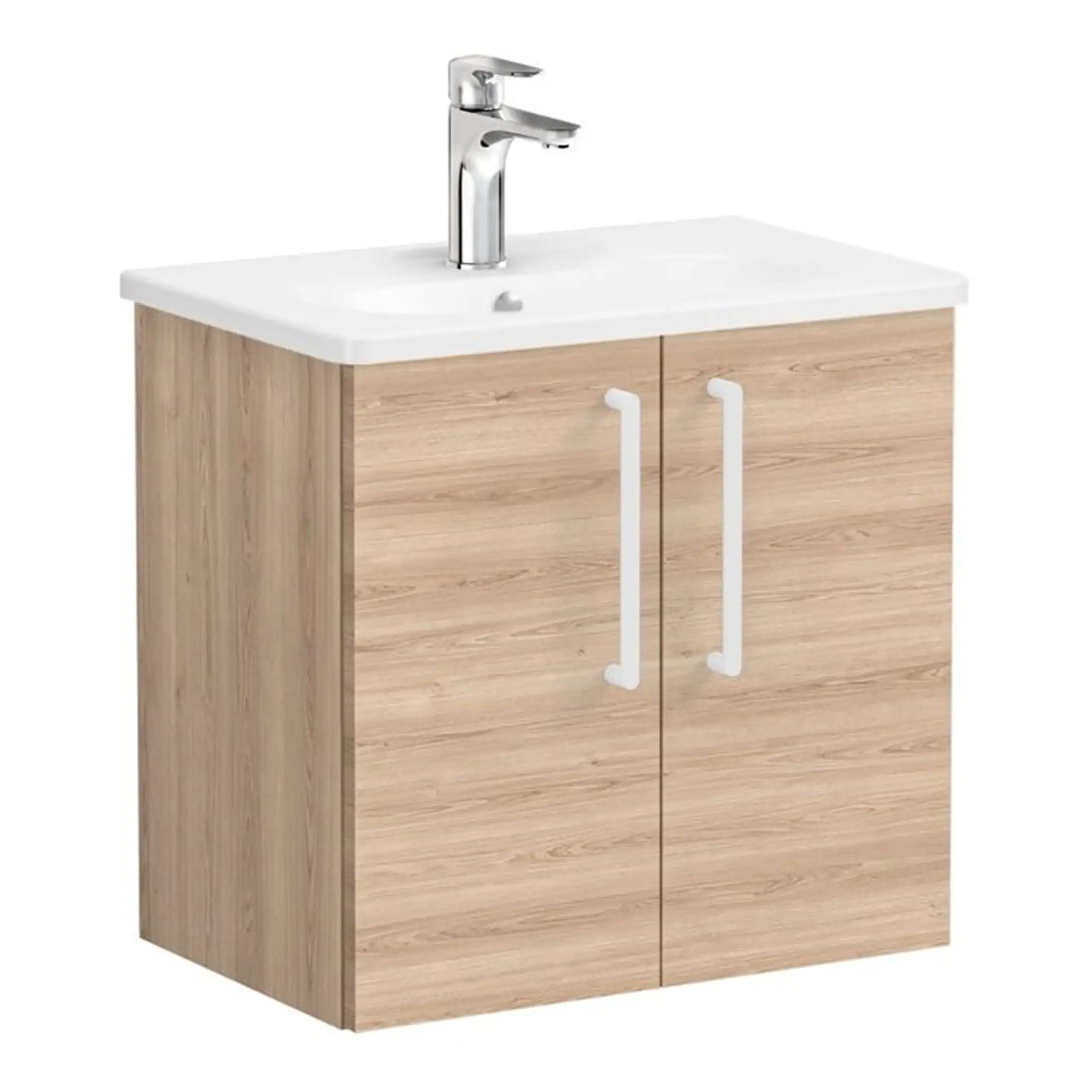Compact bathroom vanity unit with walnut finish and white ceramic sink, ideal for modern bathroom storage and plumbing solutions.