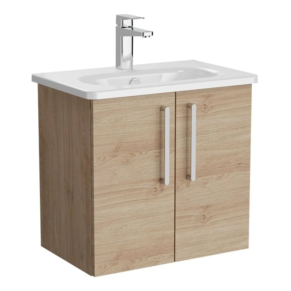 Modern bathroom vanity unit with a white ceramic sink, chrome faucet, and wooden cupboard with sleek handles, ideal for stylish bathroom renovations.