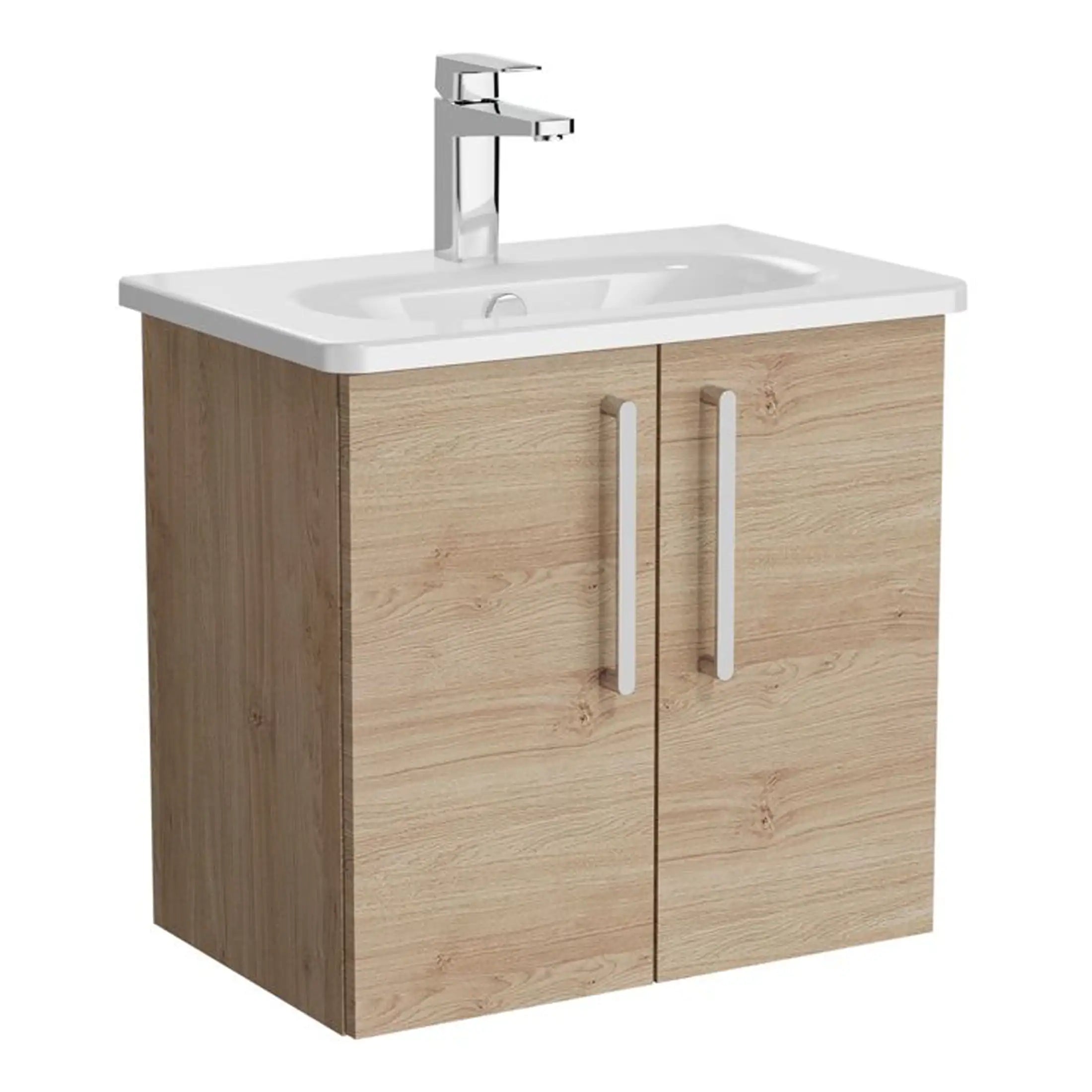 Modern bathroom vanity unit with a white ceramic sink, chrome faucet, and wooden cupboard with sleek handles, ideal for stylish bathroom renovations.