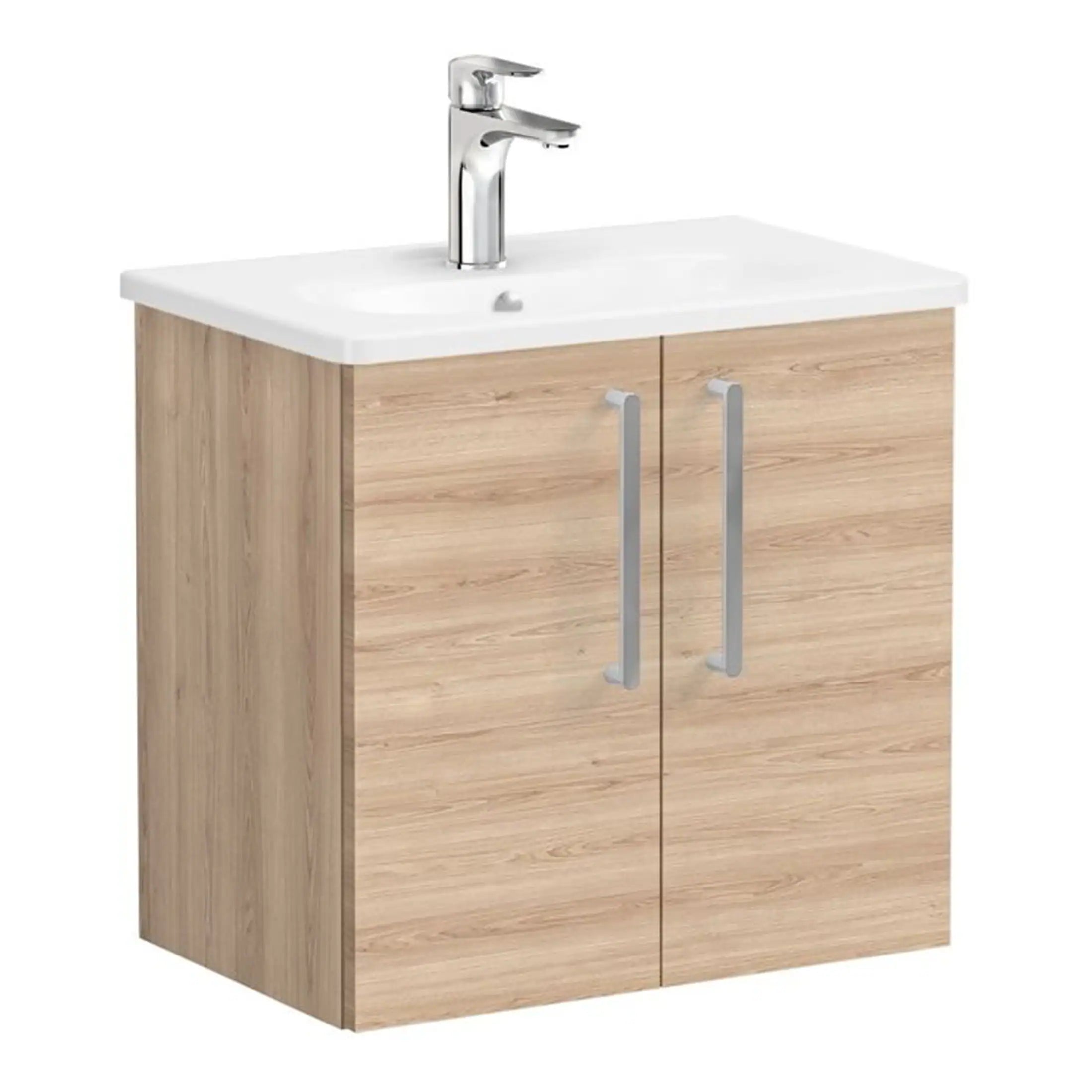Modern wooden bathroom vanity with a white ceramic sink and chrome tap, suitable for contemporary bathrooms, offering storage and sleek design.