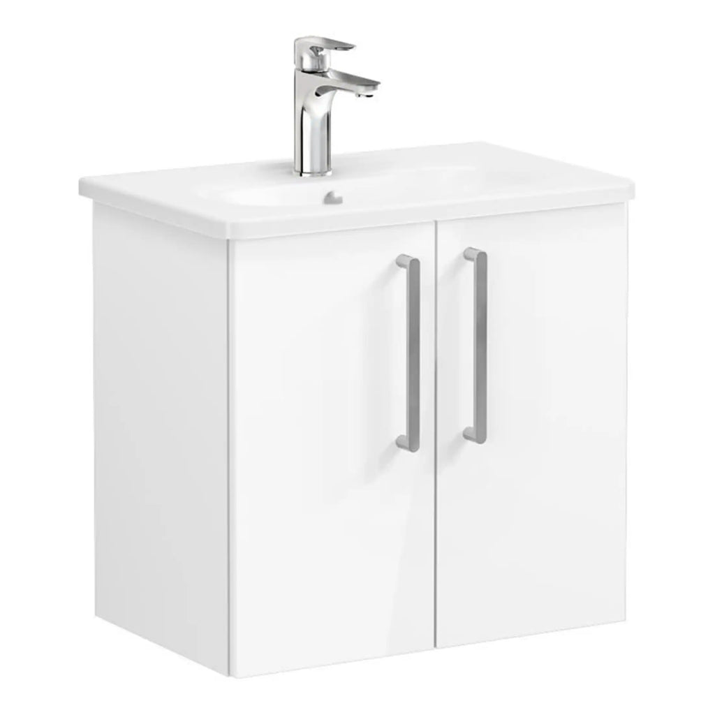 Modern white bathroom vanity with integrated sink and chrome faucet, ideal for stylish bathroom upgrades and storage solutions.