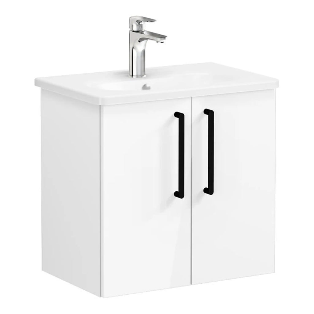 Modern white bathroom vanity cabinet with a built-in sink and chrome faucet, ideal for contemporary bathroom designs. Features sleek black handles for a minimalist look.