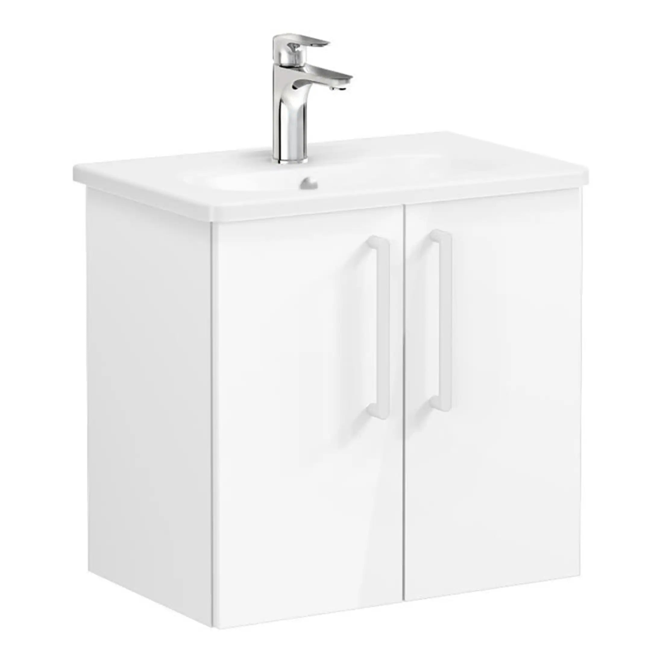 Minimalist white bathroom vanity with integrated sink and chrome faucet, ideal for contemporary bathroom designs. Perfect for compact spaces, combining style and functionality.