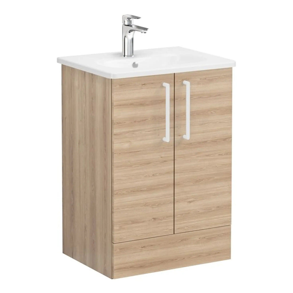 Modern wooden bathroom cabinet with a white top and chrome faucet, ideal for stylish bathroom storage and sink installation. Suitable for contemporary bathroom interiors.