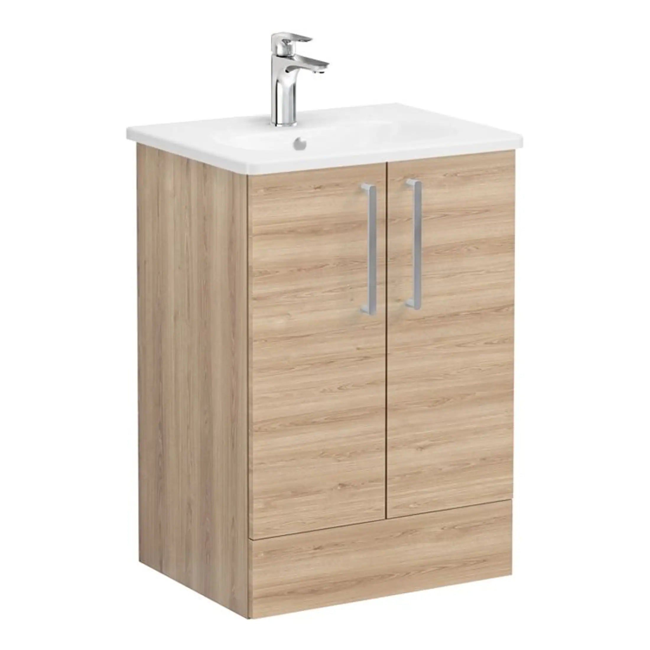 Modern wooden bathroom cabinet with white ceramic sink and chrome tap, ideal for contemporary bathroom designs. Perfect storage solution for bathroom essentials with sleek handles.