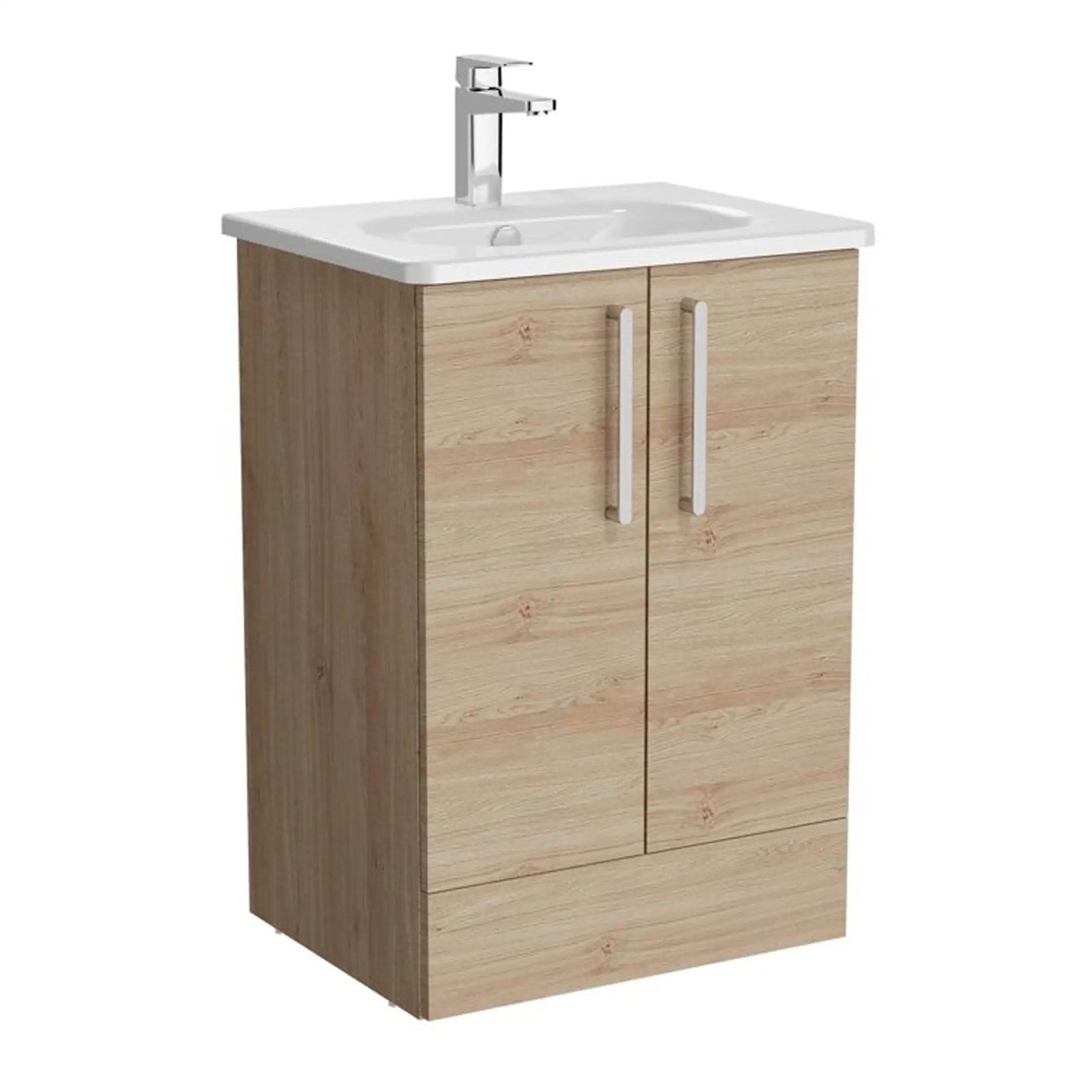 Modern wooden bathroom vanity with integrated sink and sleek chrome faucet, ideal for contemporary bathroom designs.