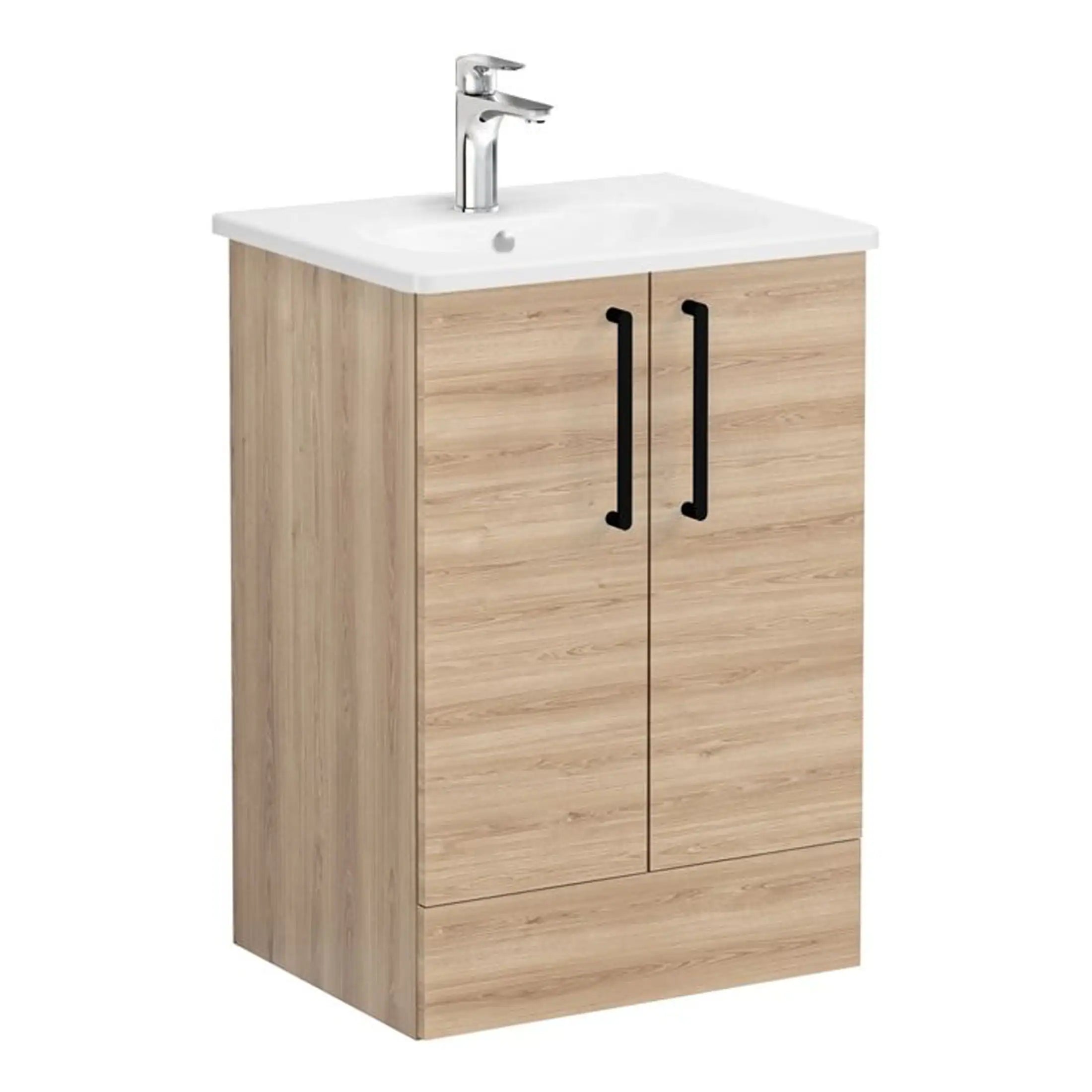 Modern bathroom vanity unit with a white ceramic sink and a chrome faucet, featuring natural wood-effect cabinet doors with black handles, ideal for contemporary bathroom remodels.