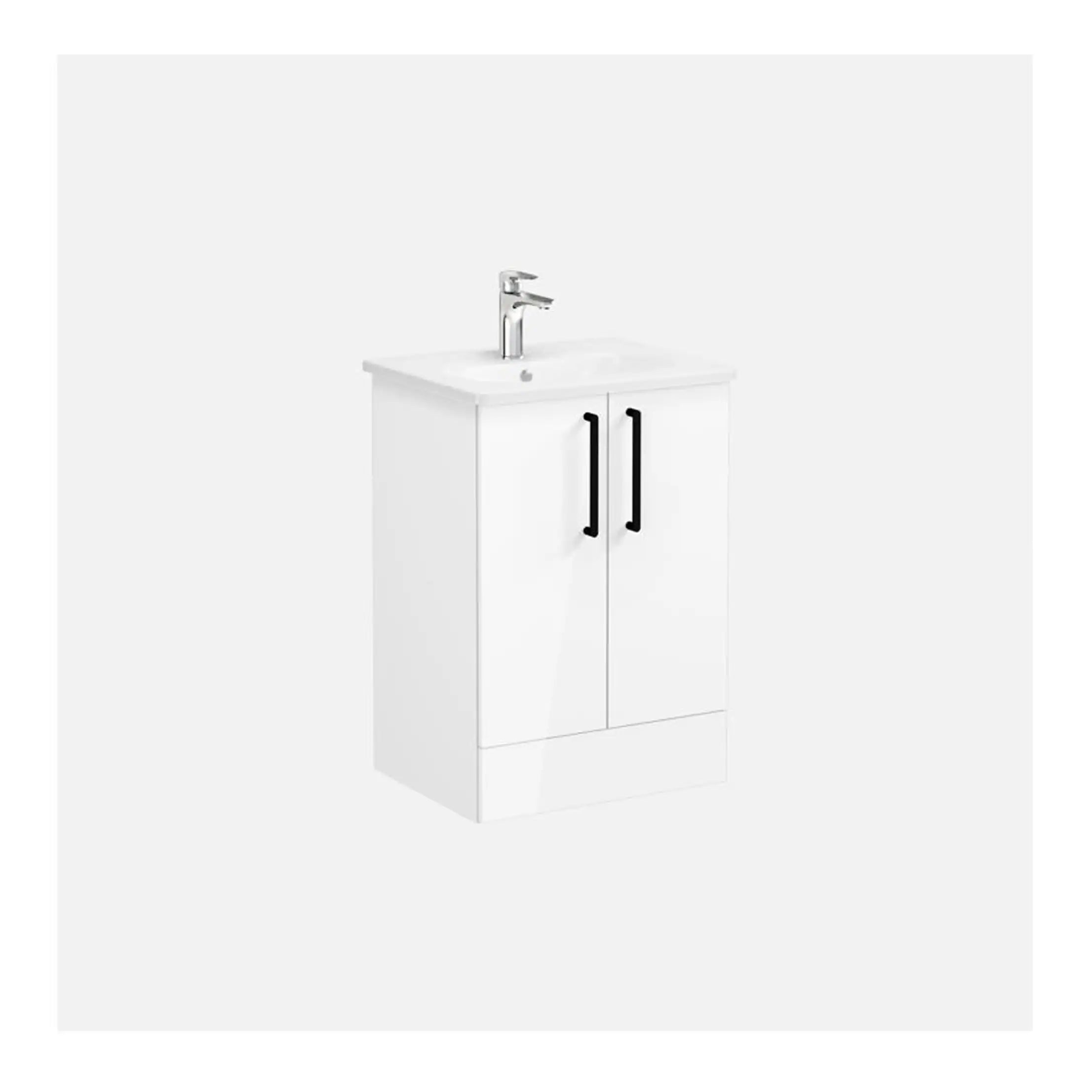 Modern white bathroom vanity cabinet with integrated sink and chrome faucet, ideal for contemporary bathroom makeover or small space storage solutions.