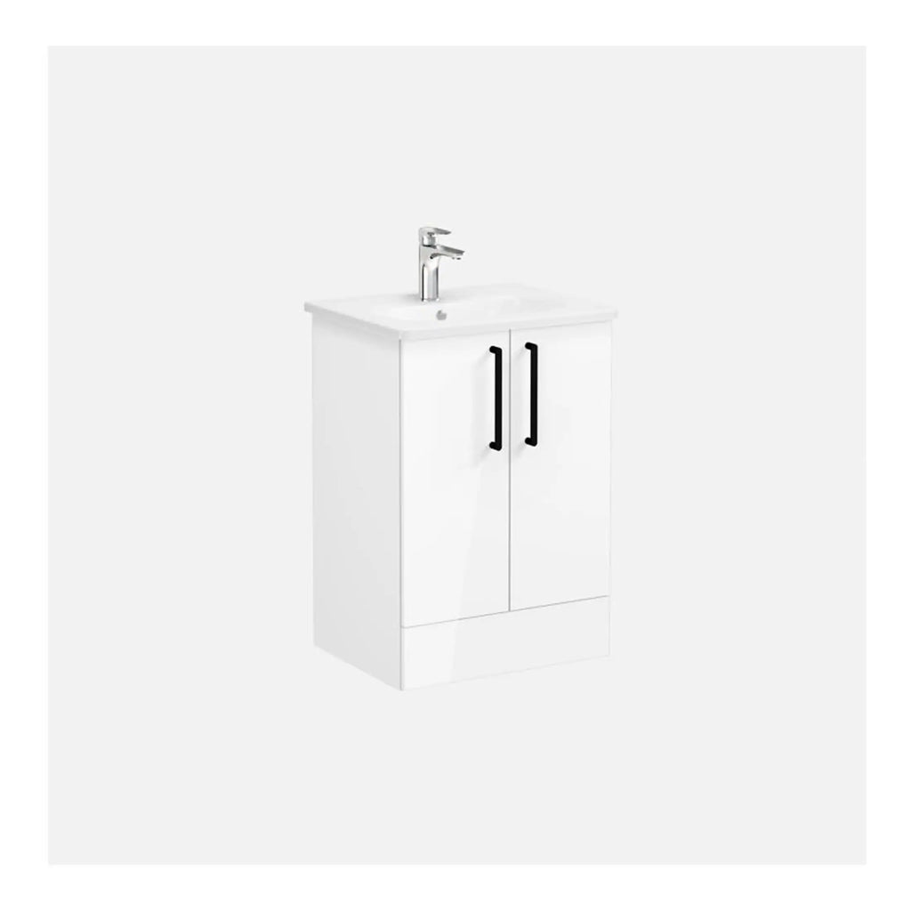Compact white bathroom vanity with a integrated sink and modern black handles, ideal for small bathroom spaces and contemporary bathroom designs.