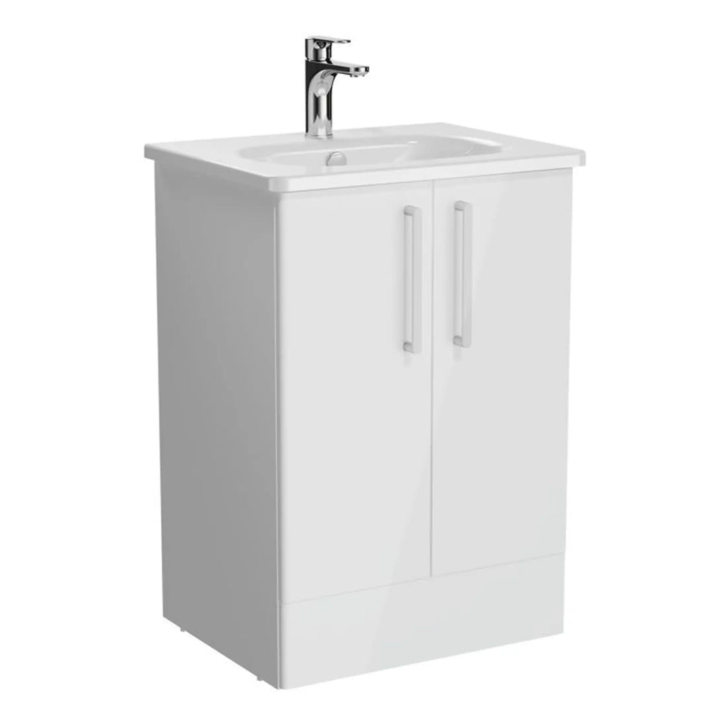 Chrome bathroom vanity with white cabinet and integrated sink, perfect for modern bathroom designs. Features two sleek doors and a contemporary tap, combining functionality with style.