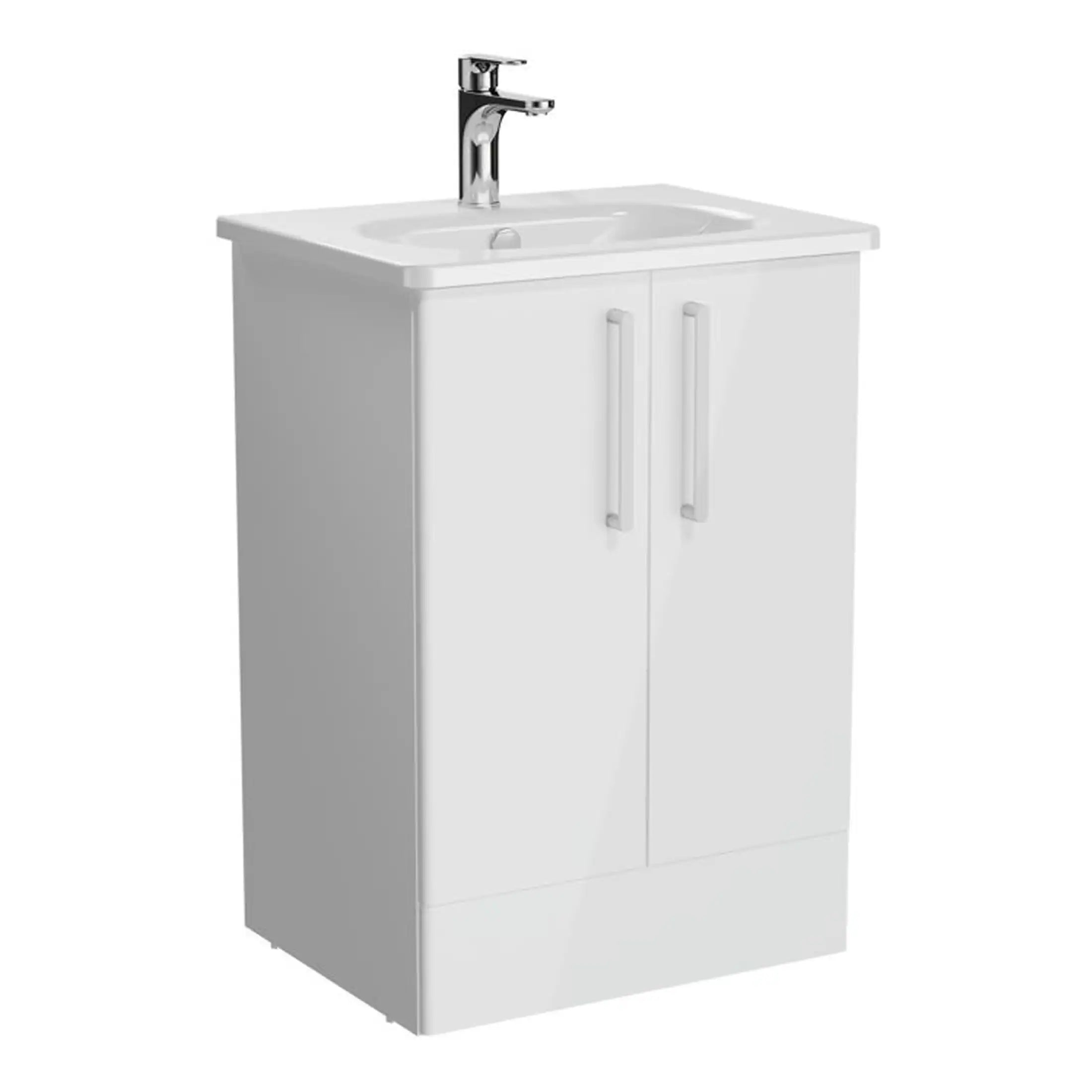 Chrome bathroom vanity with white cabinet and integrated sink, perfect for modern bathroom designs. Features two sleek doors and a contemporary tap, combining functionality with style.