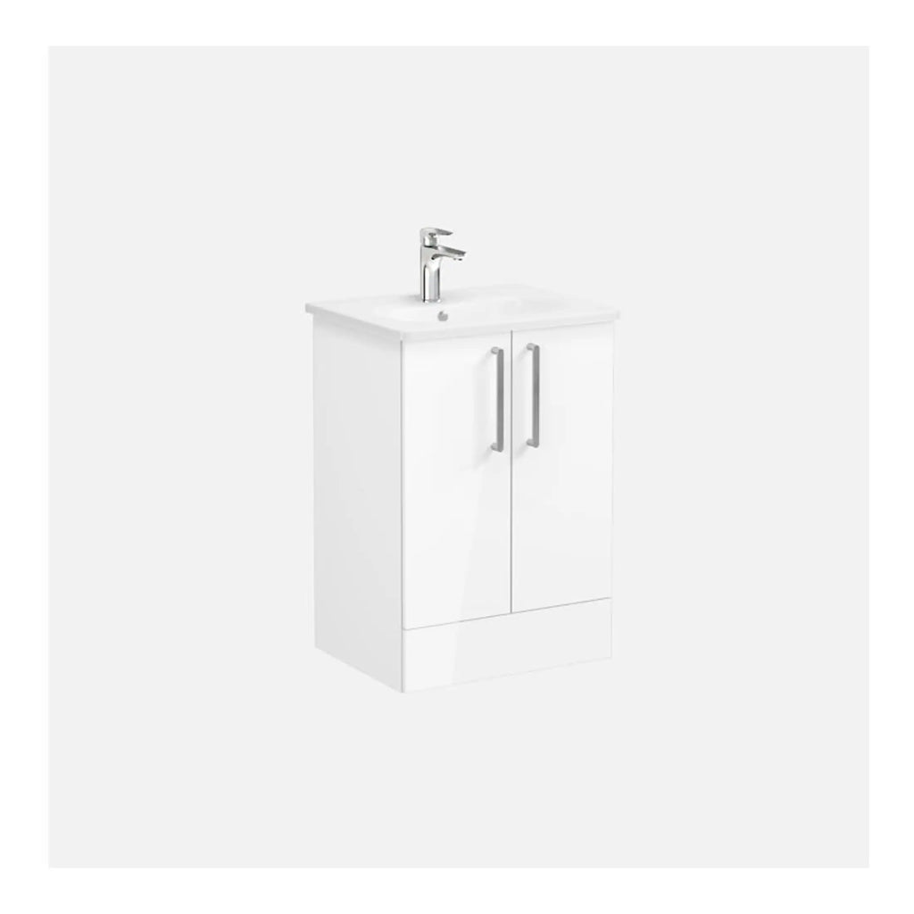 Modern white bathroom vanity unit with integrated sink and chrome faucet for elegant bathroom storage solutions.