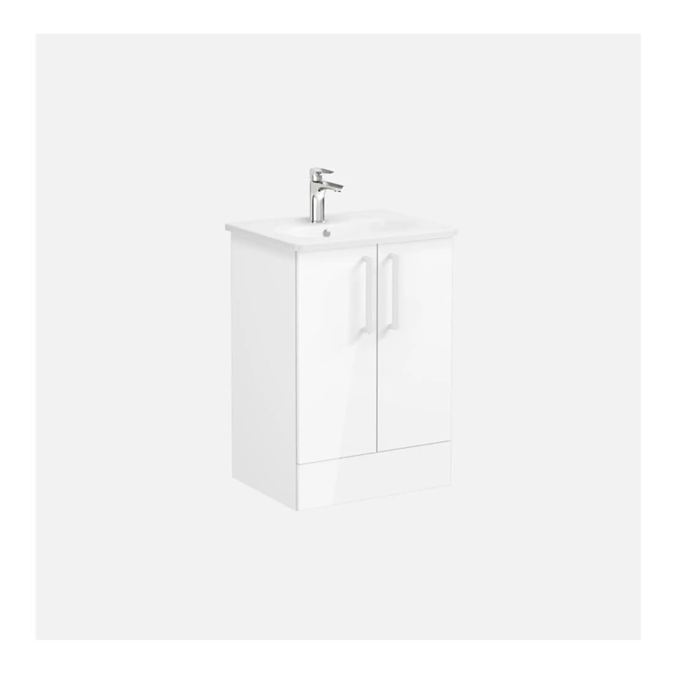 Minimalist white bathroom vanity with integrated sink and chrome faucet, ideal for modern bathrooms and compact spaces, featured on Bubly Bathrooms UK.