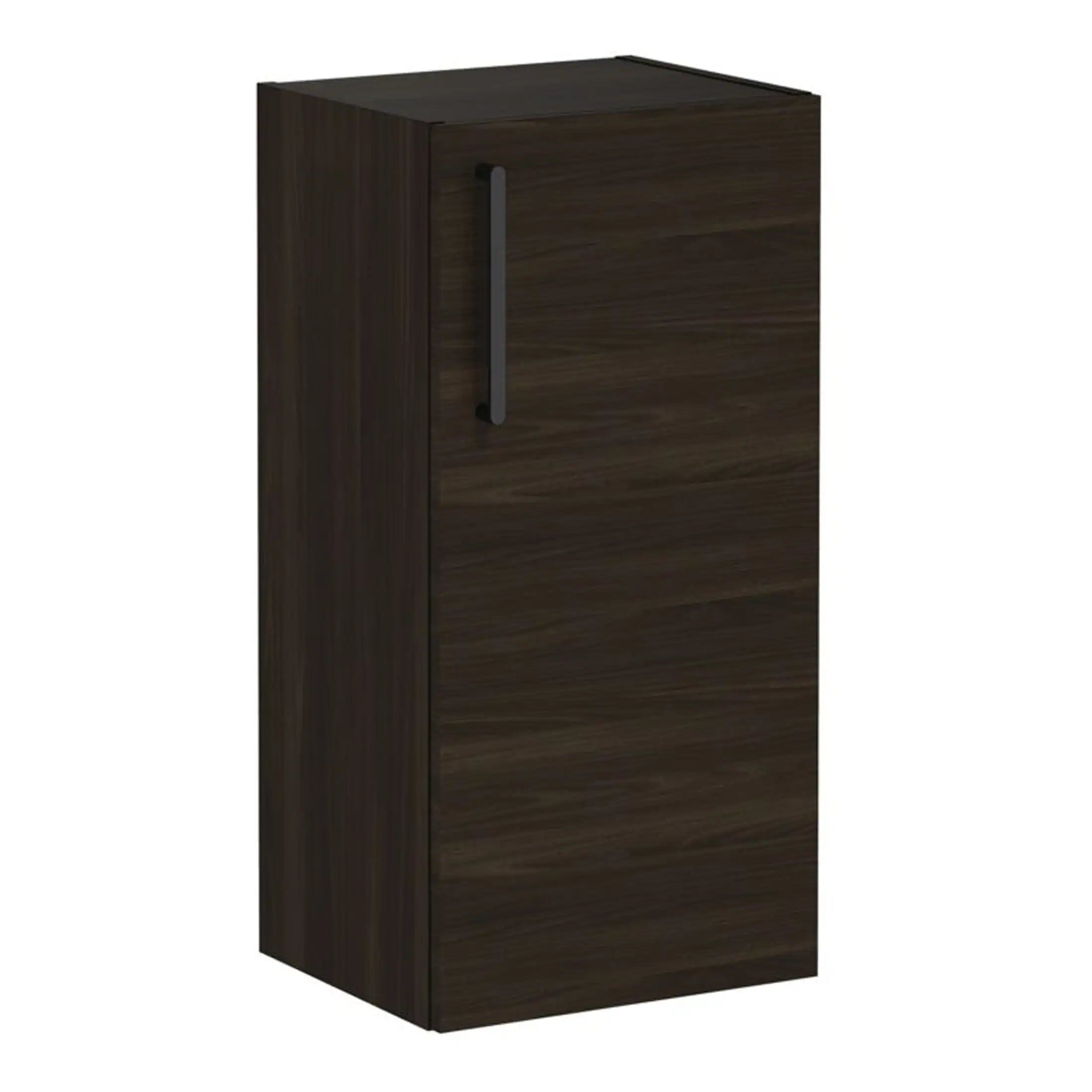 Sleek dark wood bathroom cabinet with handle, modern storage solution for bathrooms, perfect for organising toiletries and accessories.