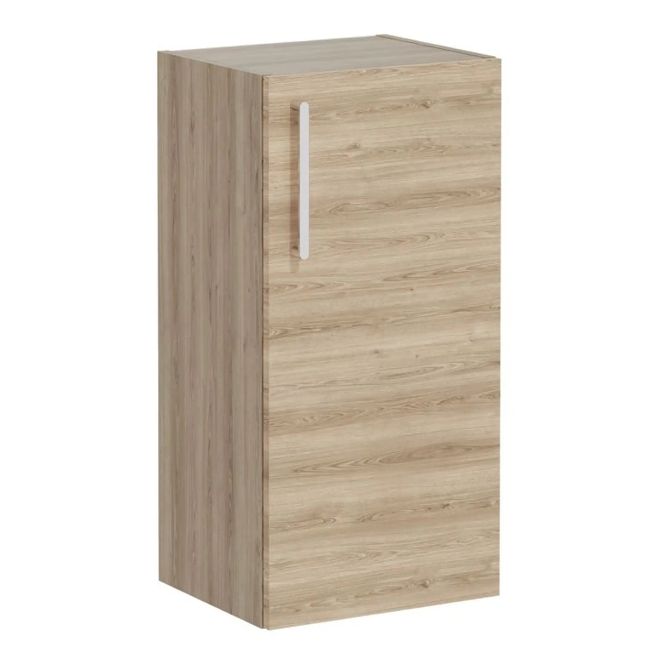 Sleek wooden bathroom cabinet with vertical handle, modern storage solution for Bathroom organisation and décor, durable oak finish, ideal for bathrooms.