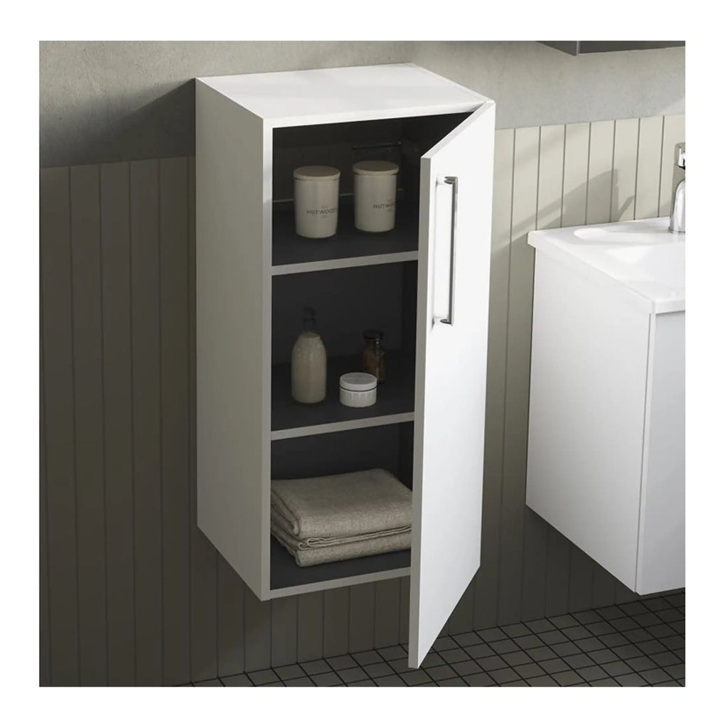 Contemporary white bathroom wall cabinet with open shelves for storage, complemented by minimalist bathroom décor and modern tiles, perfect for organising toiletries and adding stylish storage to any bathroom.