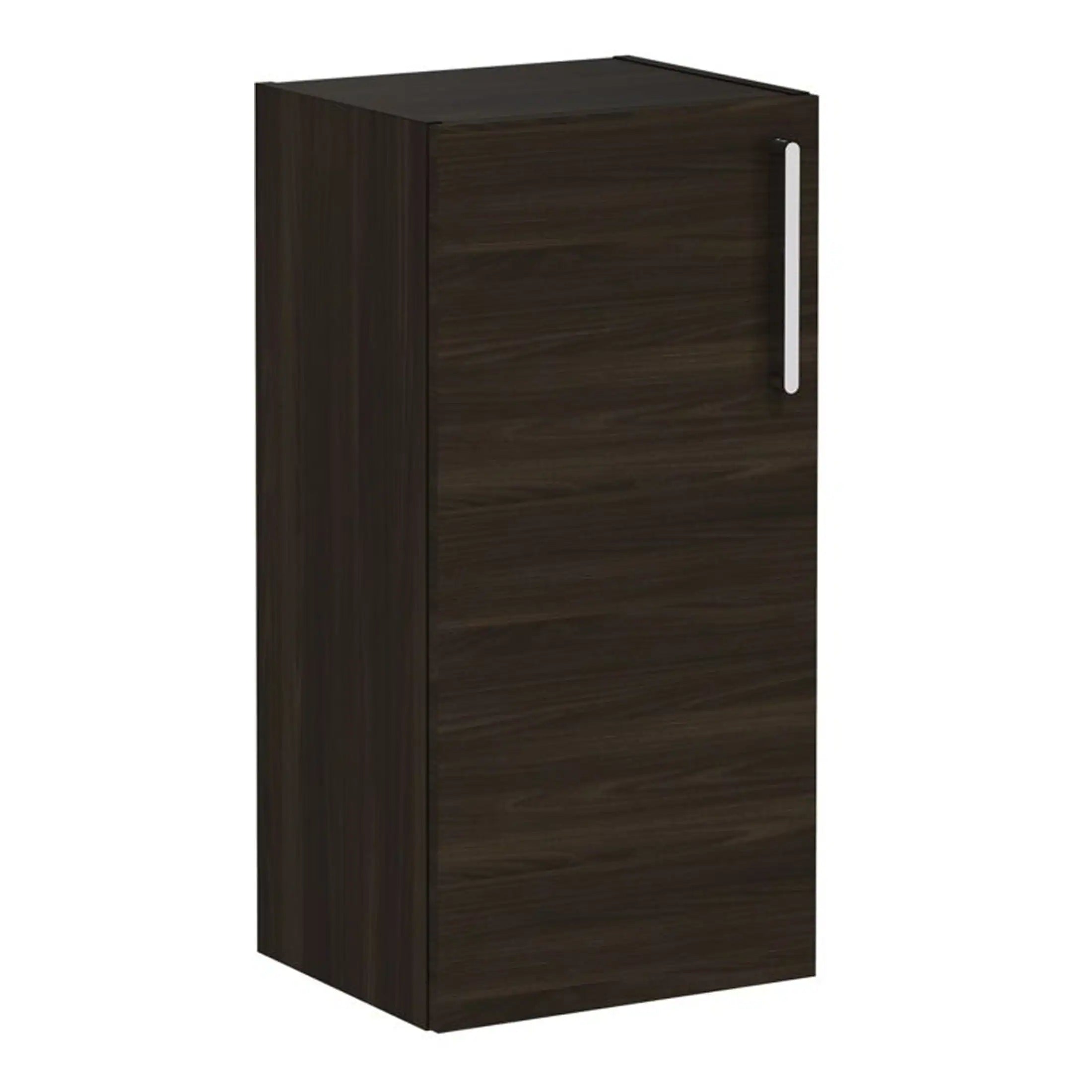 Sleek dark wood bathroom storage cabinet with modern silver handle, ideal for organising bathroom essentials and enhancing space aesthetics.