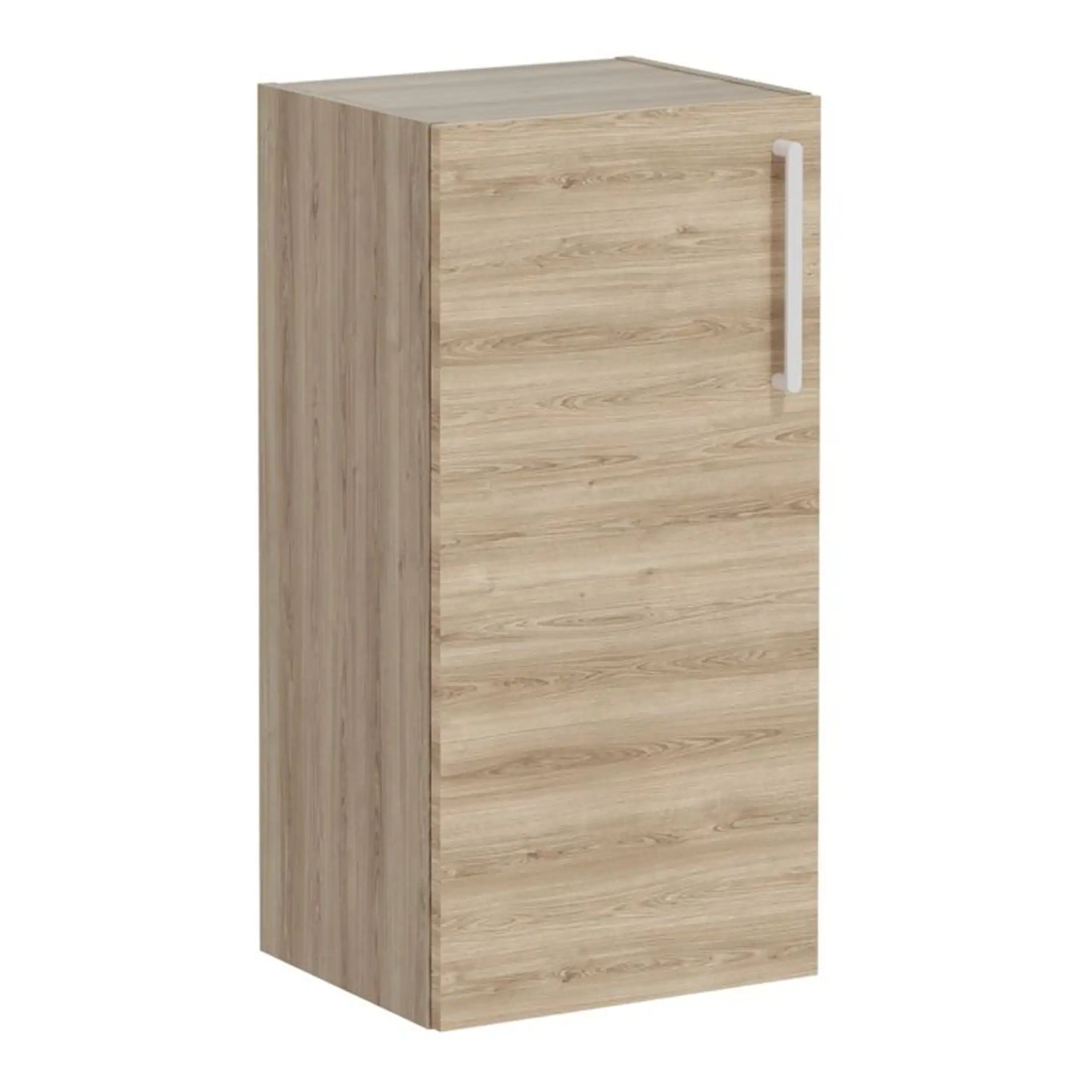 Clean wood-effect bathroom storage cabinet with white handle, ideal for modern bathroom organisation. Perfect for keeping toiletries and essentials discreetly stored.
