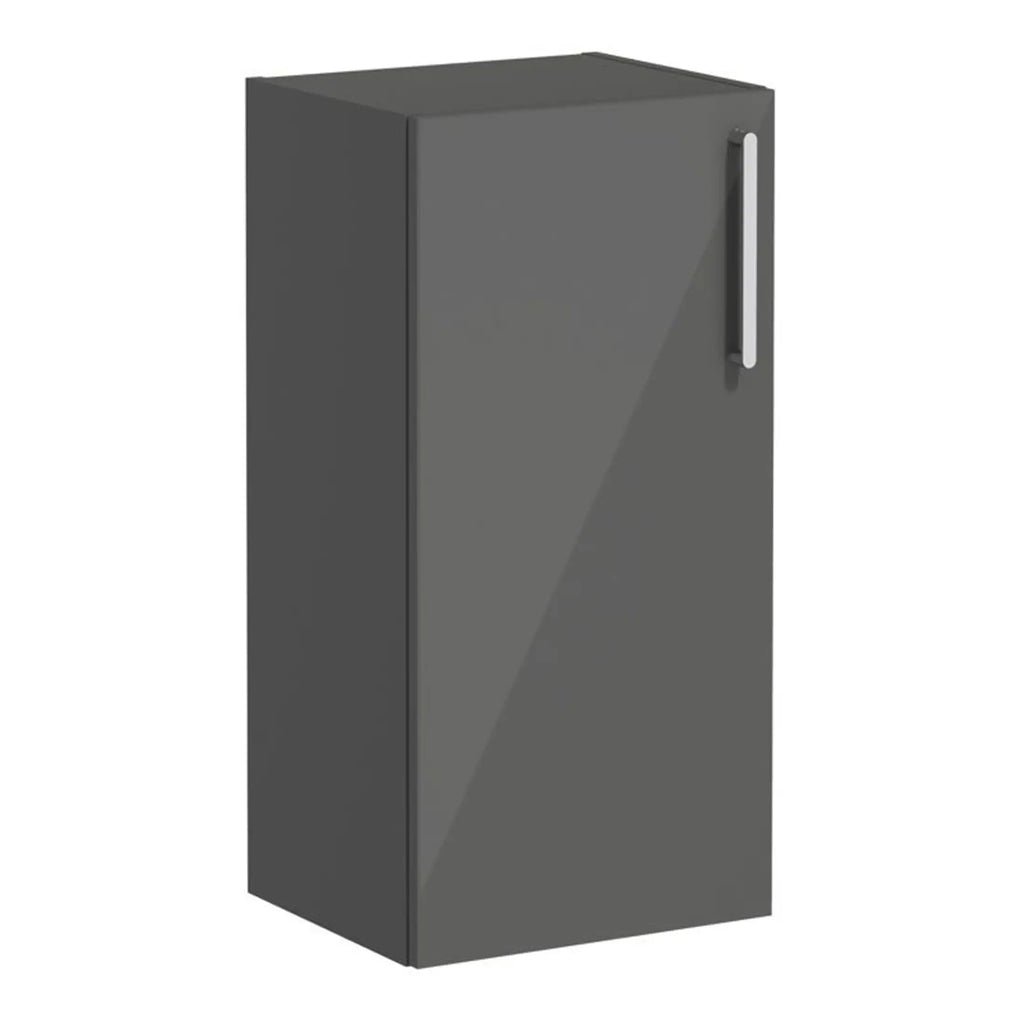 Sleek grey bathroom cabinet with modern metallic handle for stylish bathroom storage solutions, ideal for contemporary bathrooms.